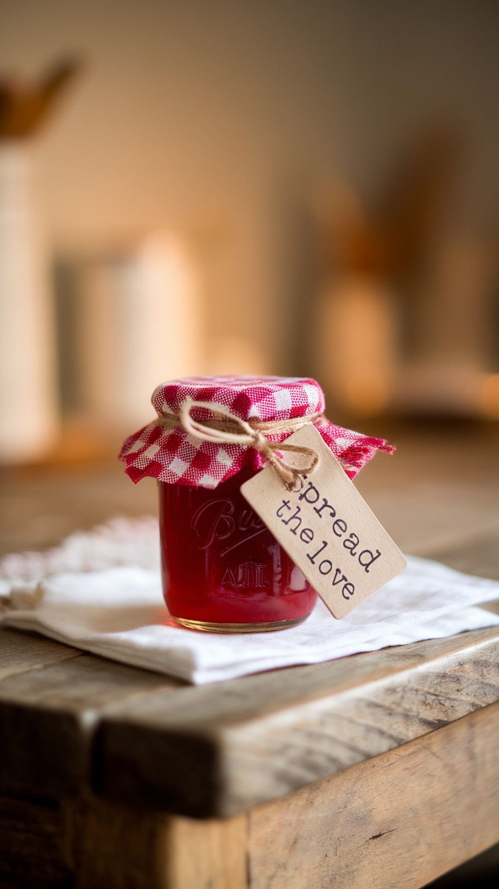 A small jar of homemade jam with a gingham lid and a tag that says 'Spread the Love'.