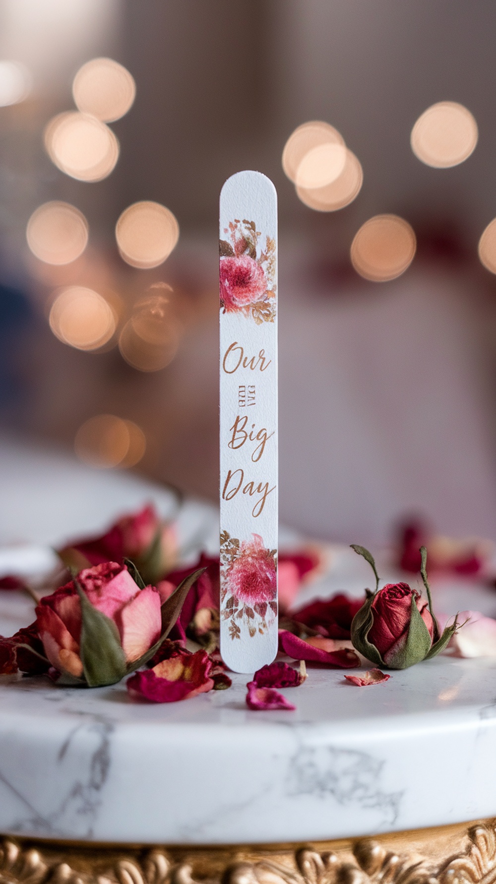 Personalized nail file with floral design on a marble surface surrounded by dried rose petals.
