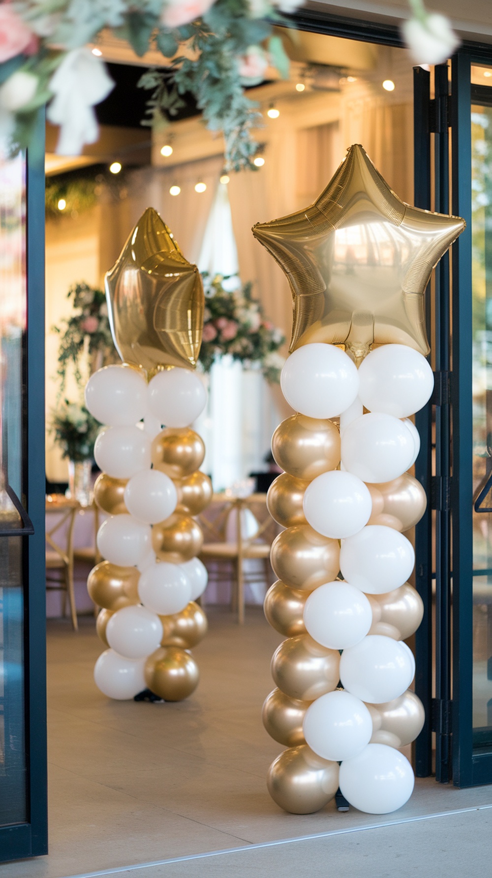 Two balloon columns with gold and white balloons at a bridal shower entrance.