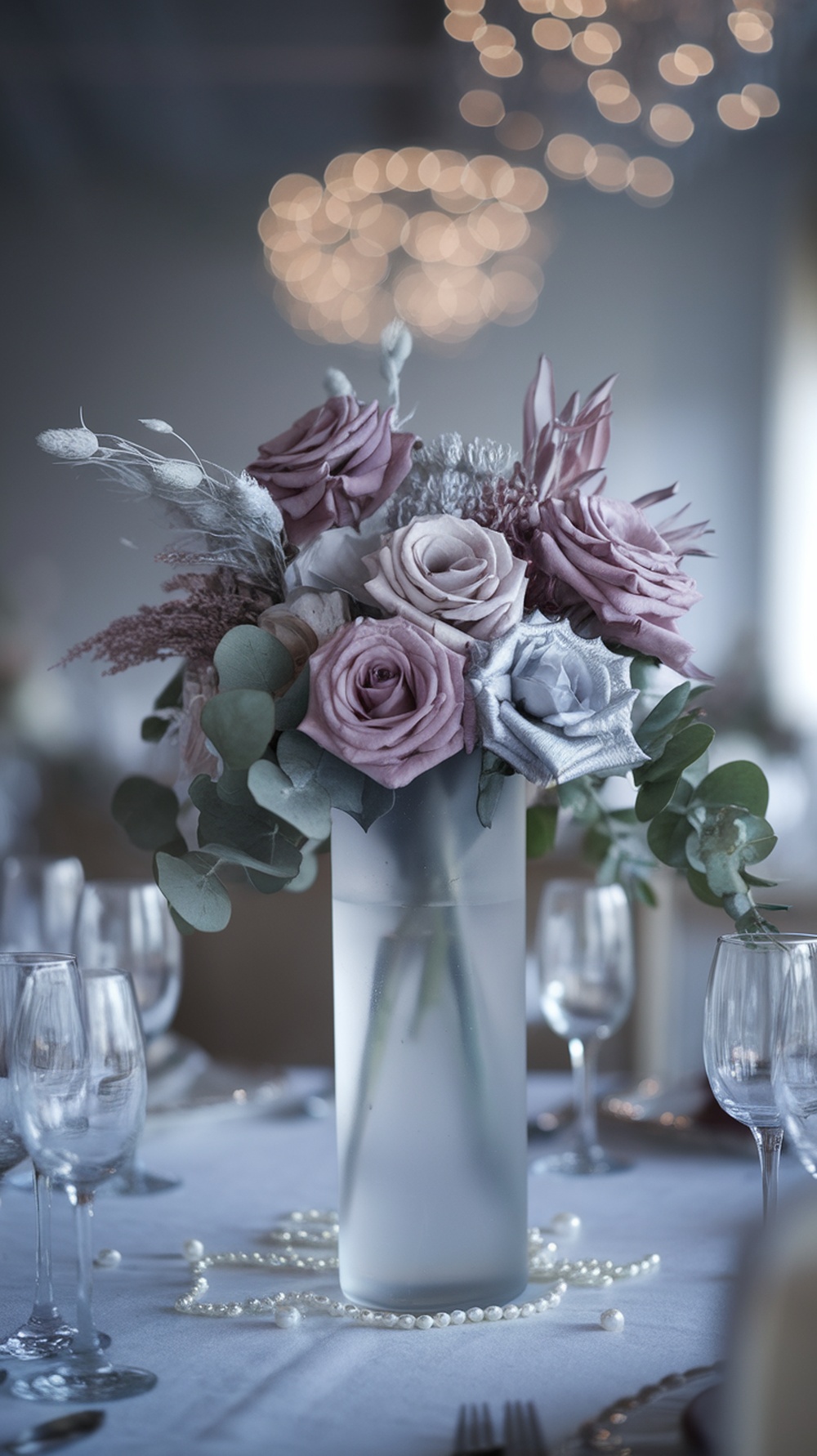 A wedding centerpiece featuring roses in lavender and silver, arranged in a frosted vase with pearl strands.