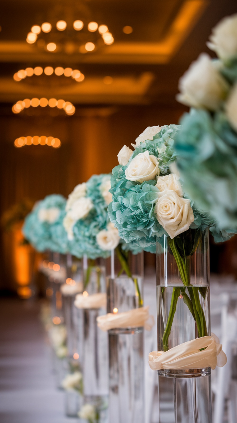 A beautifully decorated wedding ceremony aisle featuring teal and white floral arrangements in glass vases with candles.