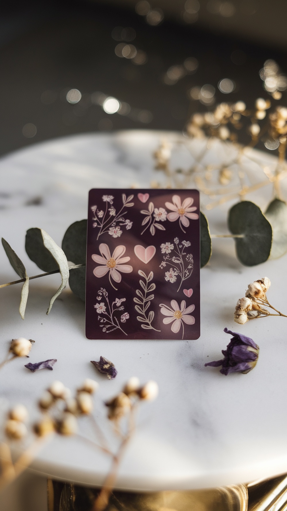 A custom sticker sheet featuring floral designs and hearts, placed on a marble surface with dried flowers.