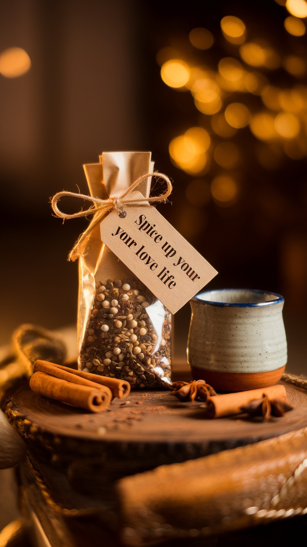 A mini chai spice mix package with a tag that says 'Spice Up Your Life' next to a cup and spices.