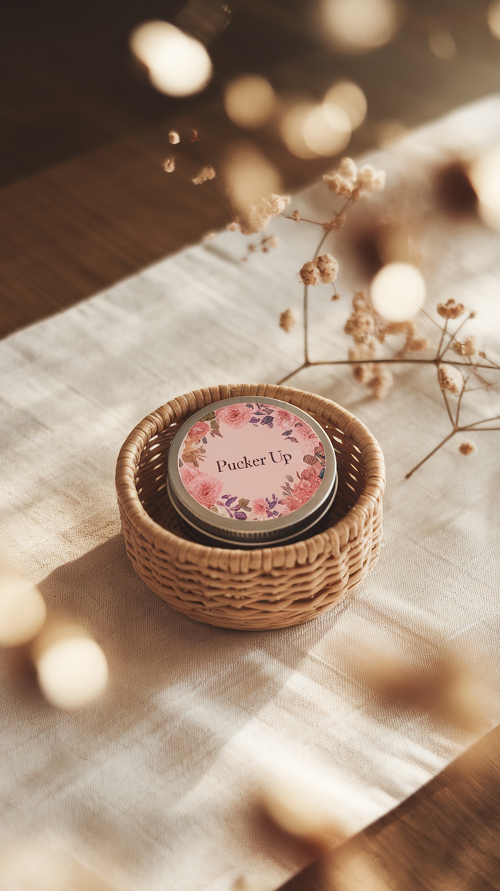 A small basket containing a lip balm labeled 'Pucker Up' on a table with dried flowers.