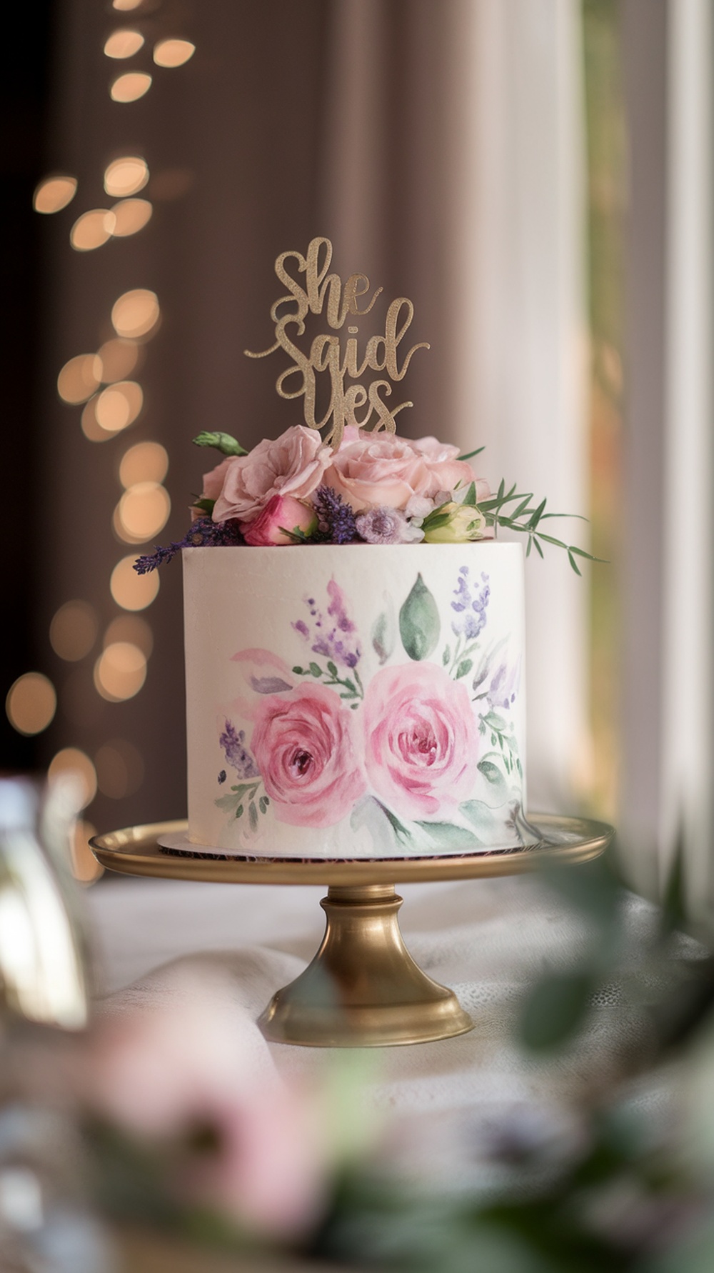 A beautifully decorated painted watercolour cake with roses and a 'She Said Yes' topper.