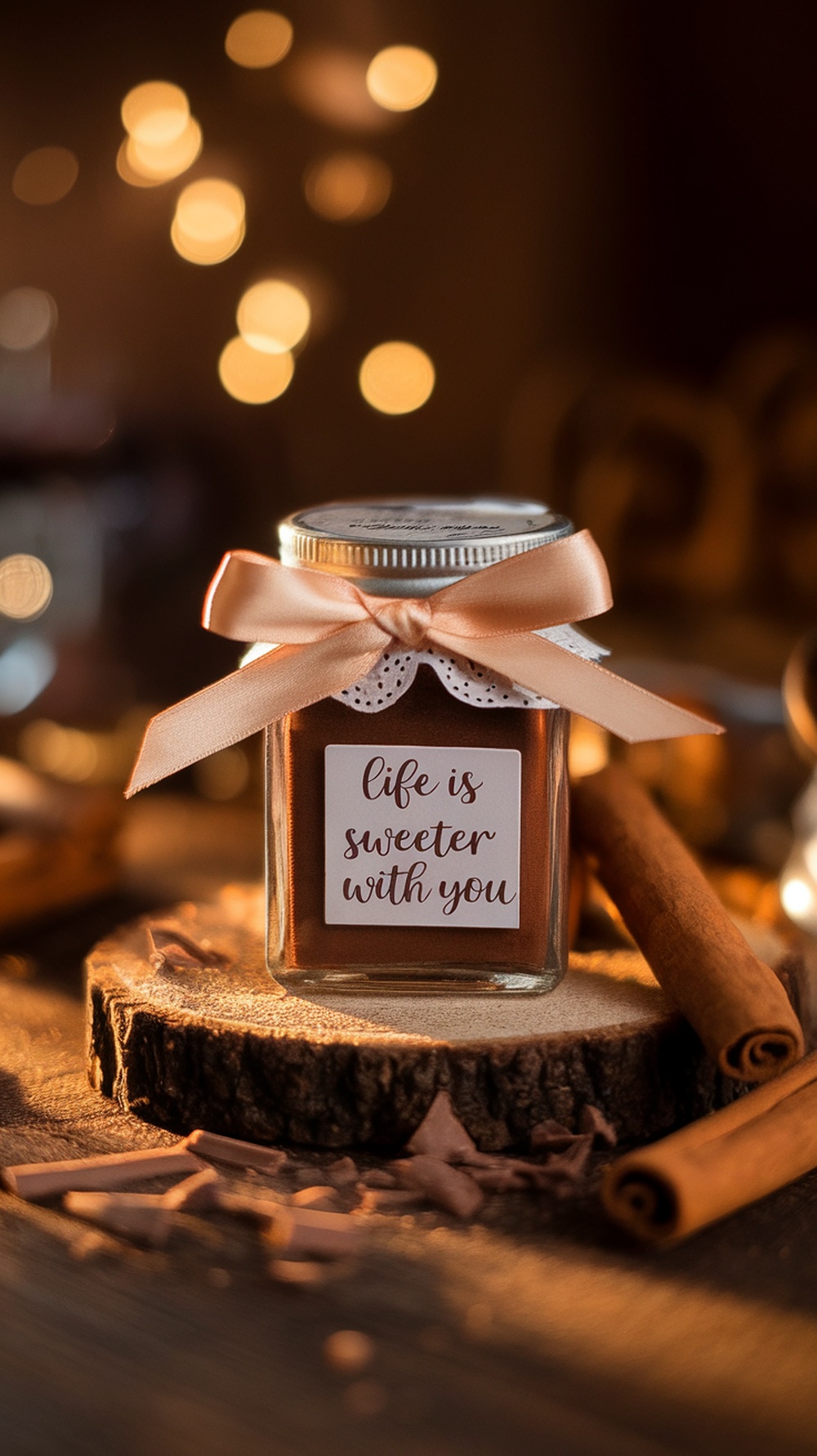 A mini cocoa powder jar with a label saying 'life is sweeter with you', decorated with a ribbon, placed on a wooden slice.