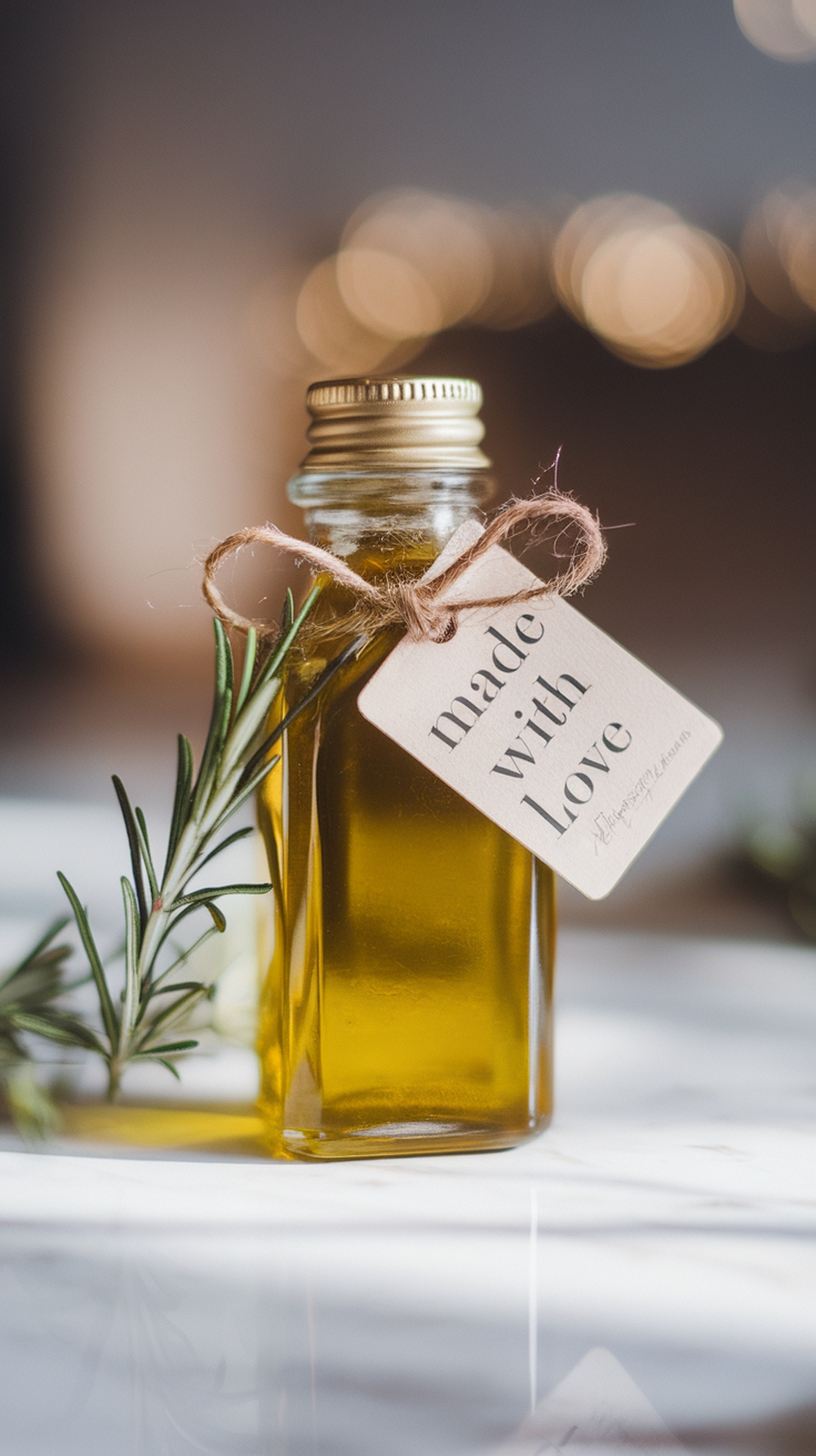A mini olive oil bottle tied with twine and a tag, sitting next to a sprig of rosemary.