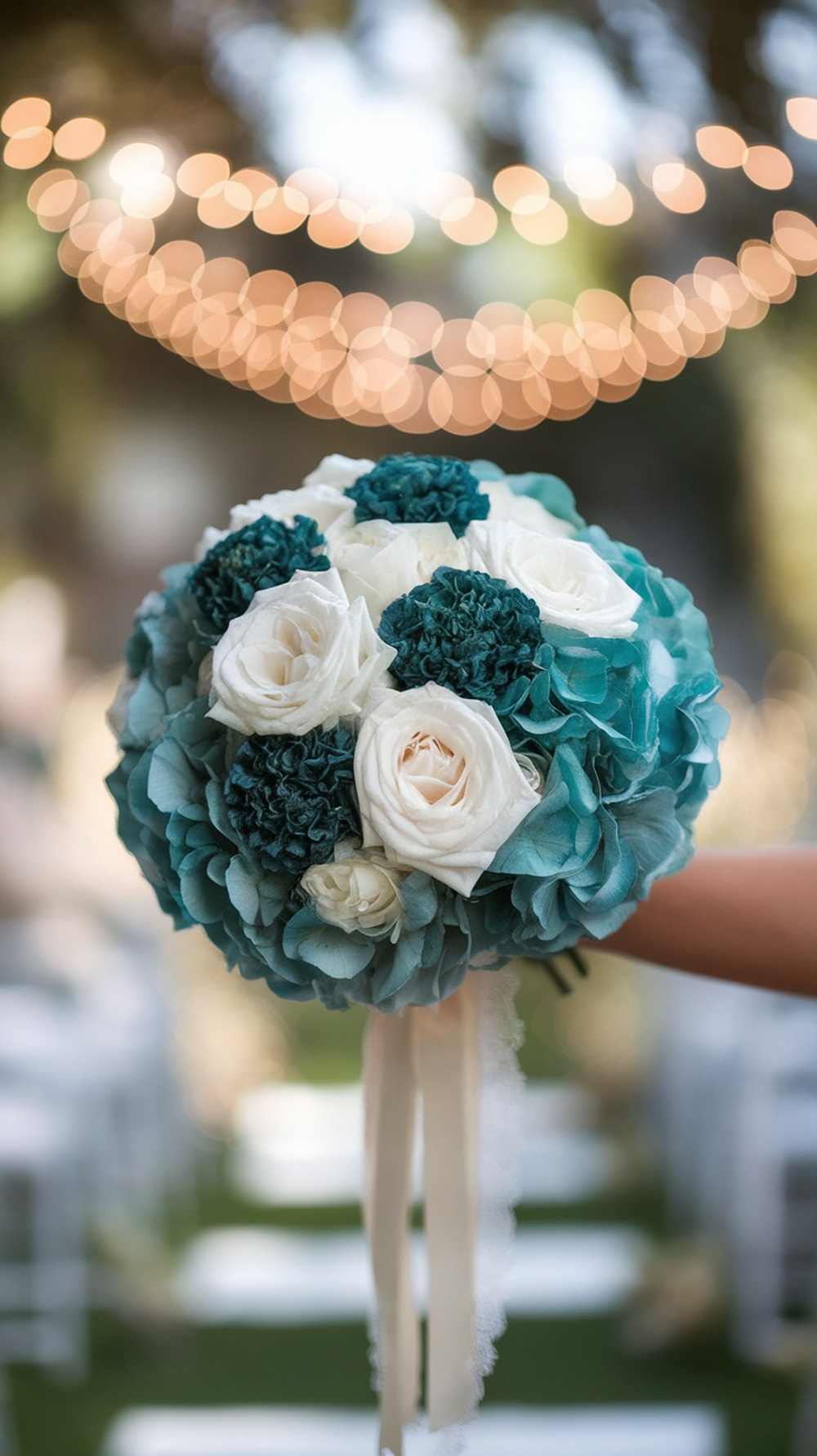 A teal bridal bouquet featuring roses and textured flowers, with ribbons trailing down.