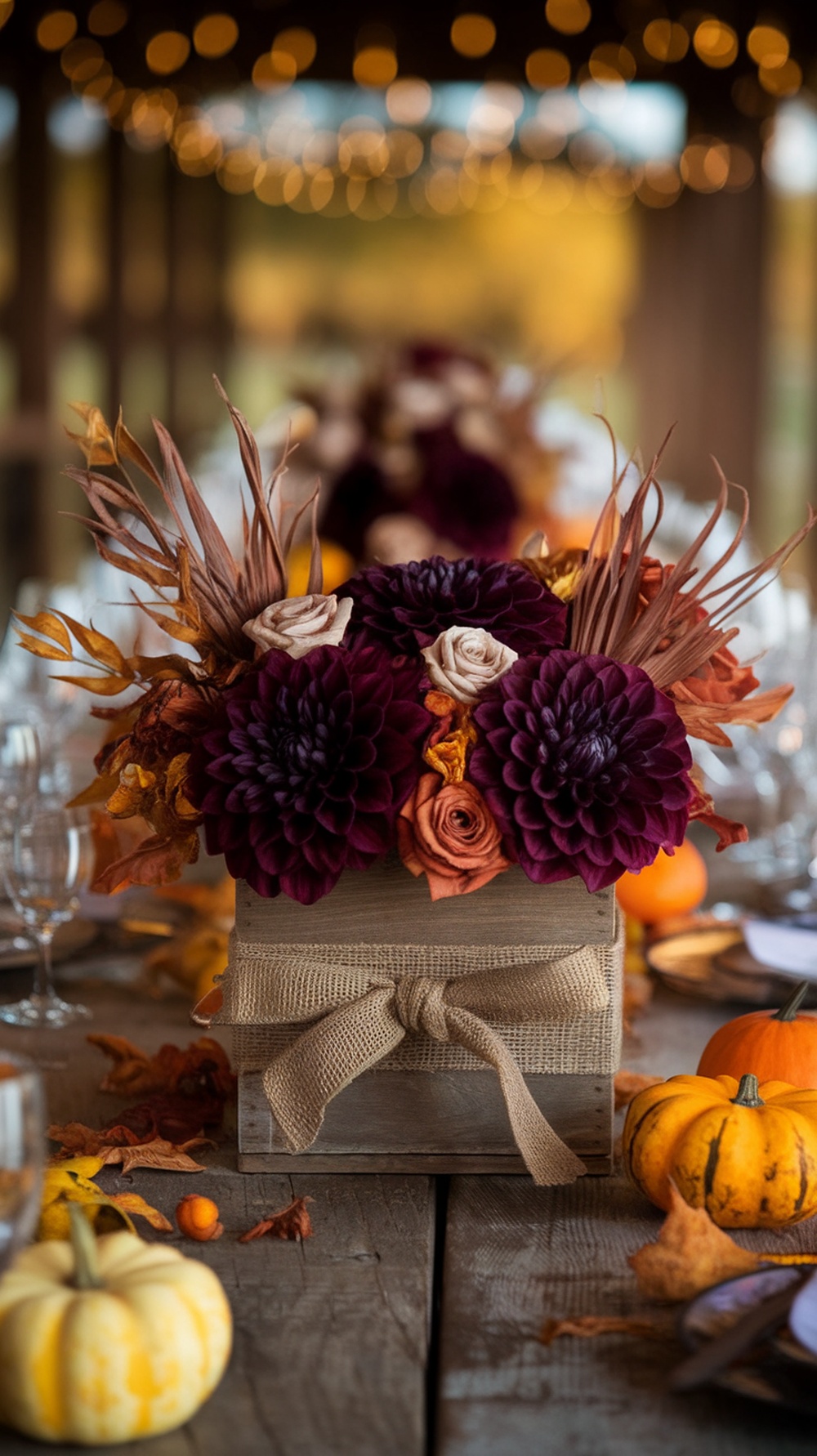 A rustic table setting with floral centerpieces featuring deep purple and warm orange flowers, surrounded by pumpkins and autumn leaves.