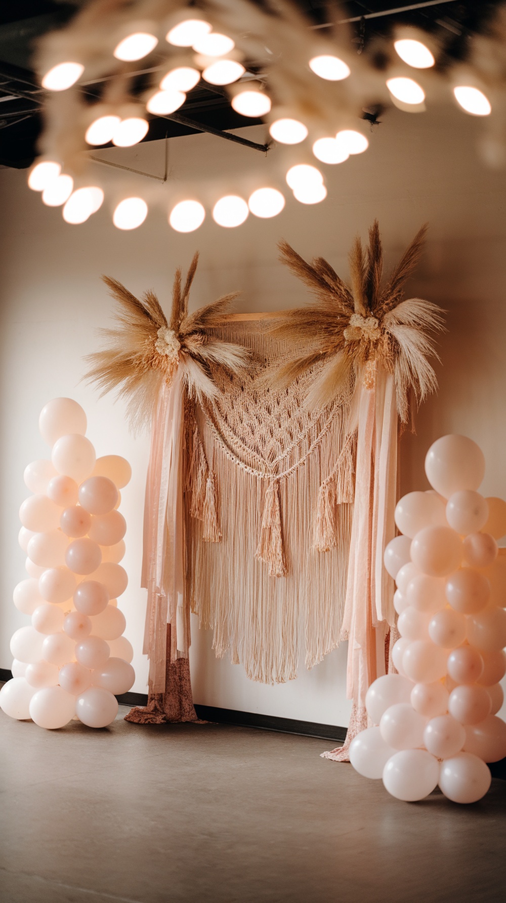 A macrame backdrop decorated with dried flowers and pink balloons for a bridal shower.