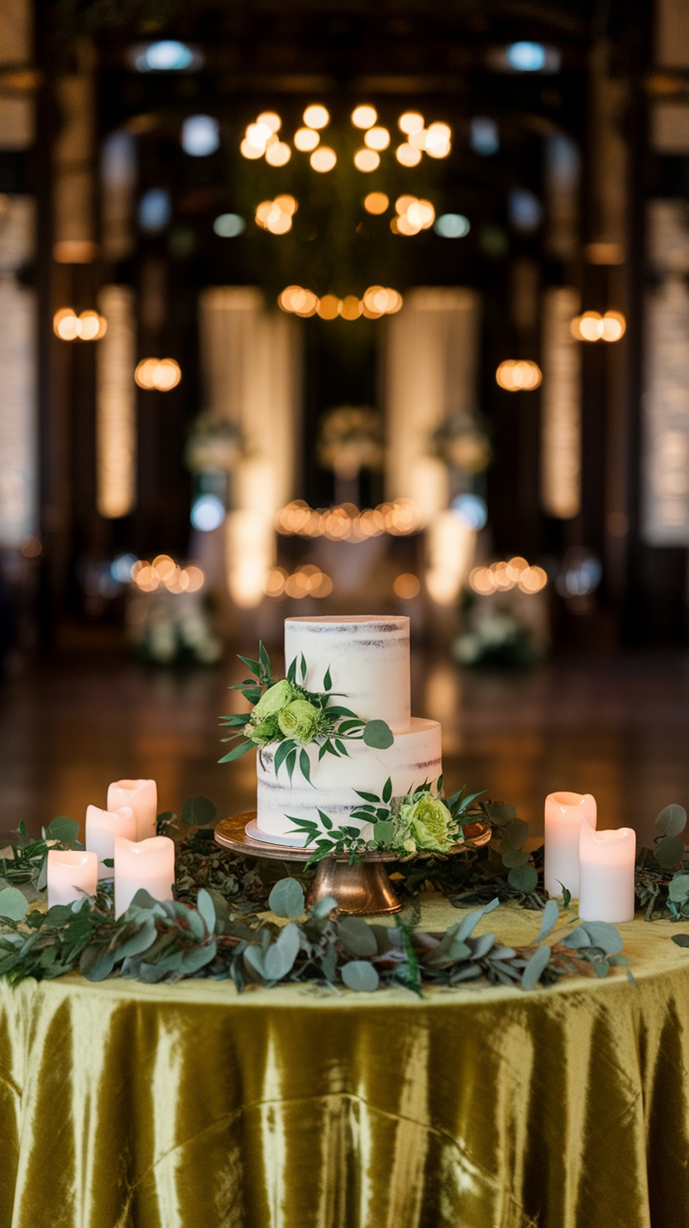 A beautifully decorated cake table featuring a honeydew green tablecloth, a simple white cake with greenery, and glowing candles.
