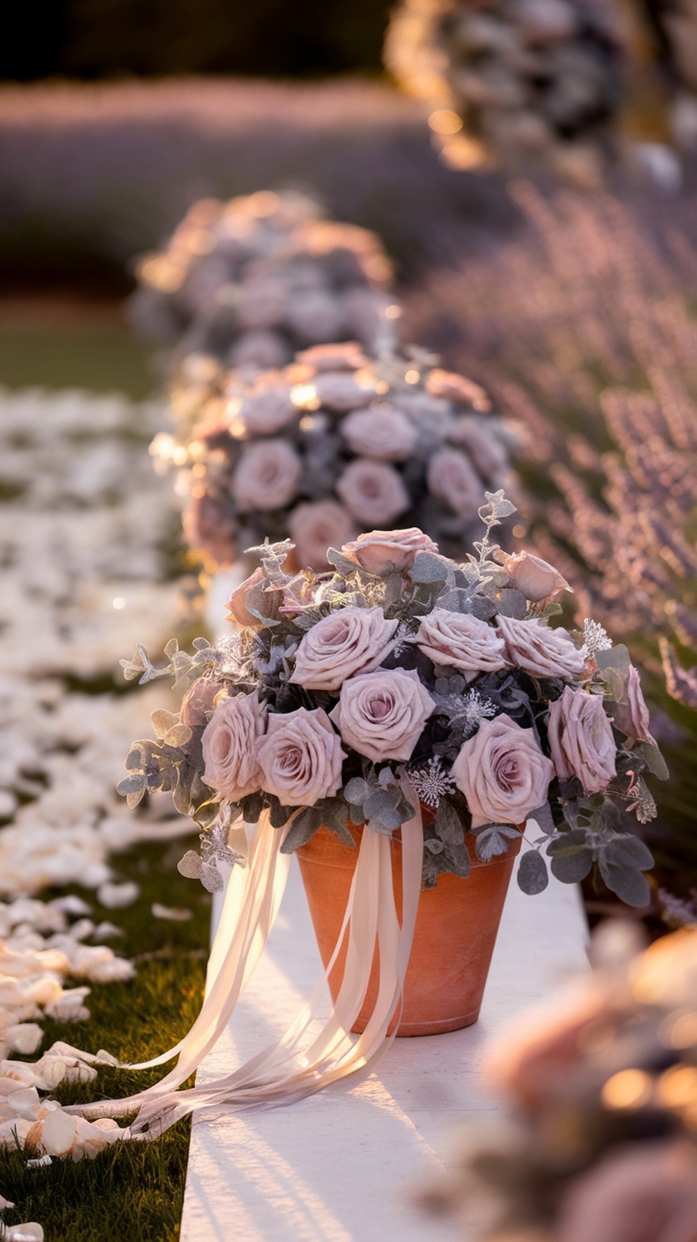 Ceremony aisle decorated with pink roses in pots and lavender flowers