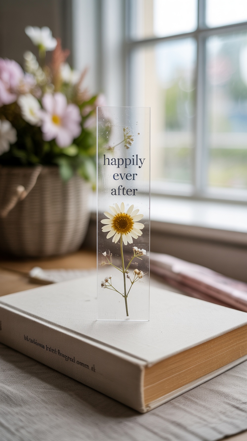 A pressed flower bookmark displayed on a book, showcasing a delicate pink flower and a ribbon with a sweet message.