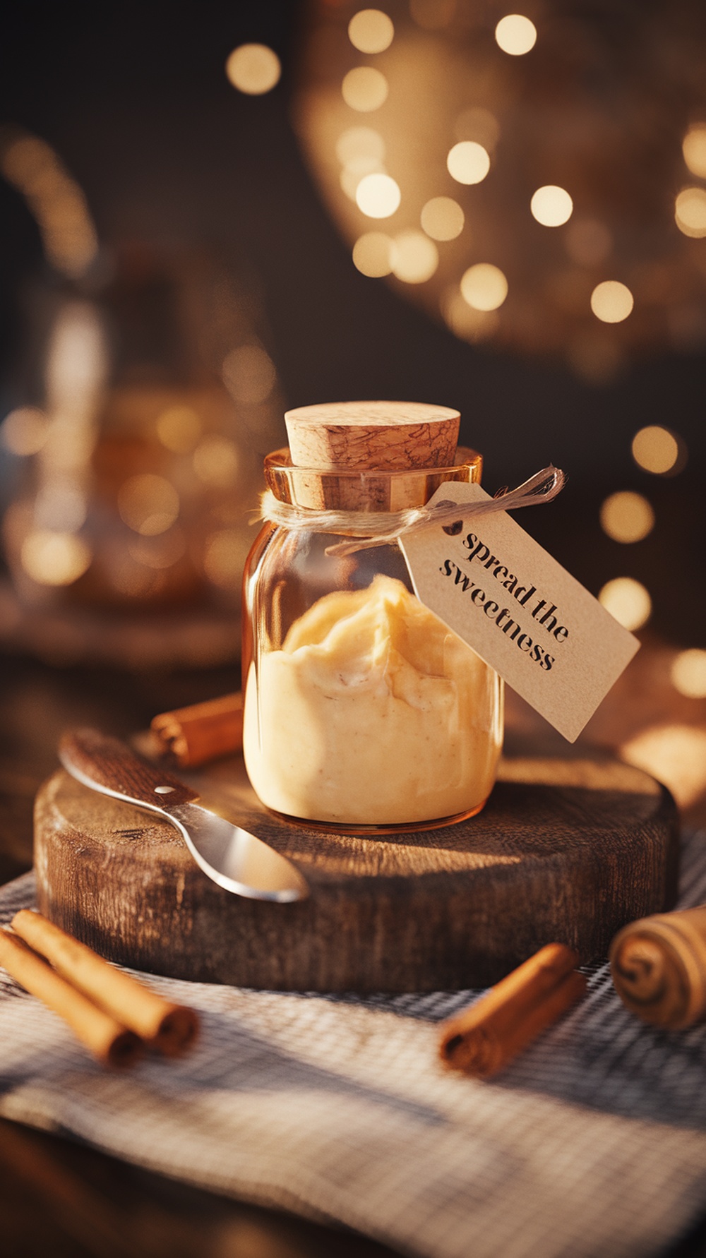 A jar of cinnamon honey butter with a tag that says 'spread the sweetness', placed on a wooden board with cinnamon sticks.
