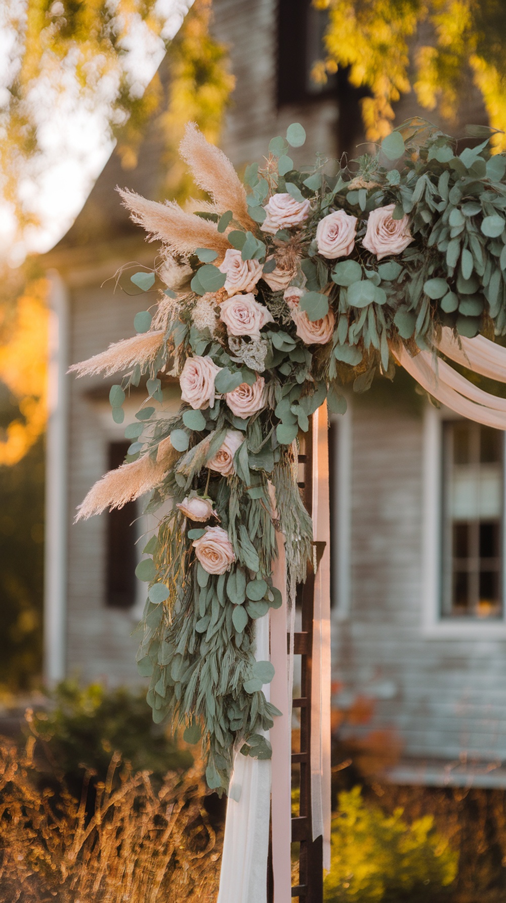 Floral arrangement with pink roses and greenery at a wedding arch