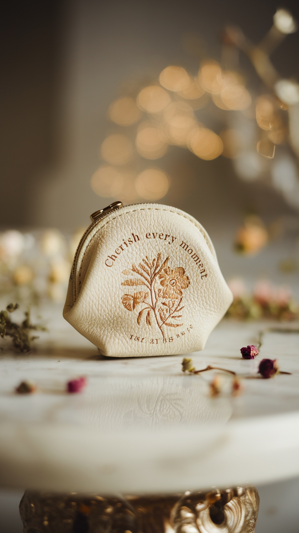Personalized coin purse with the message 'Cherish every moment' embossed on it, surrounded by dried flowers.