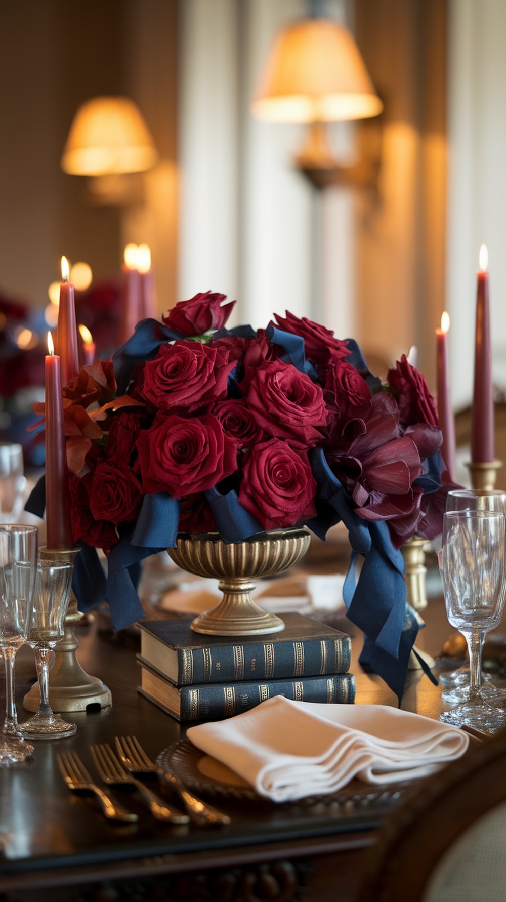 Elegant wedding table setting with red roses, blue ribbons, and candles.
