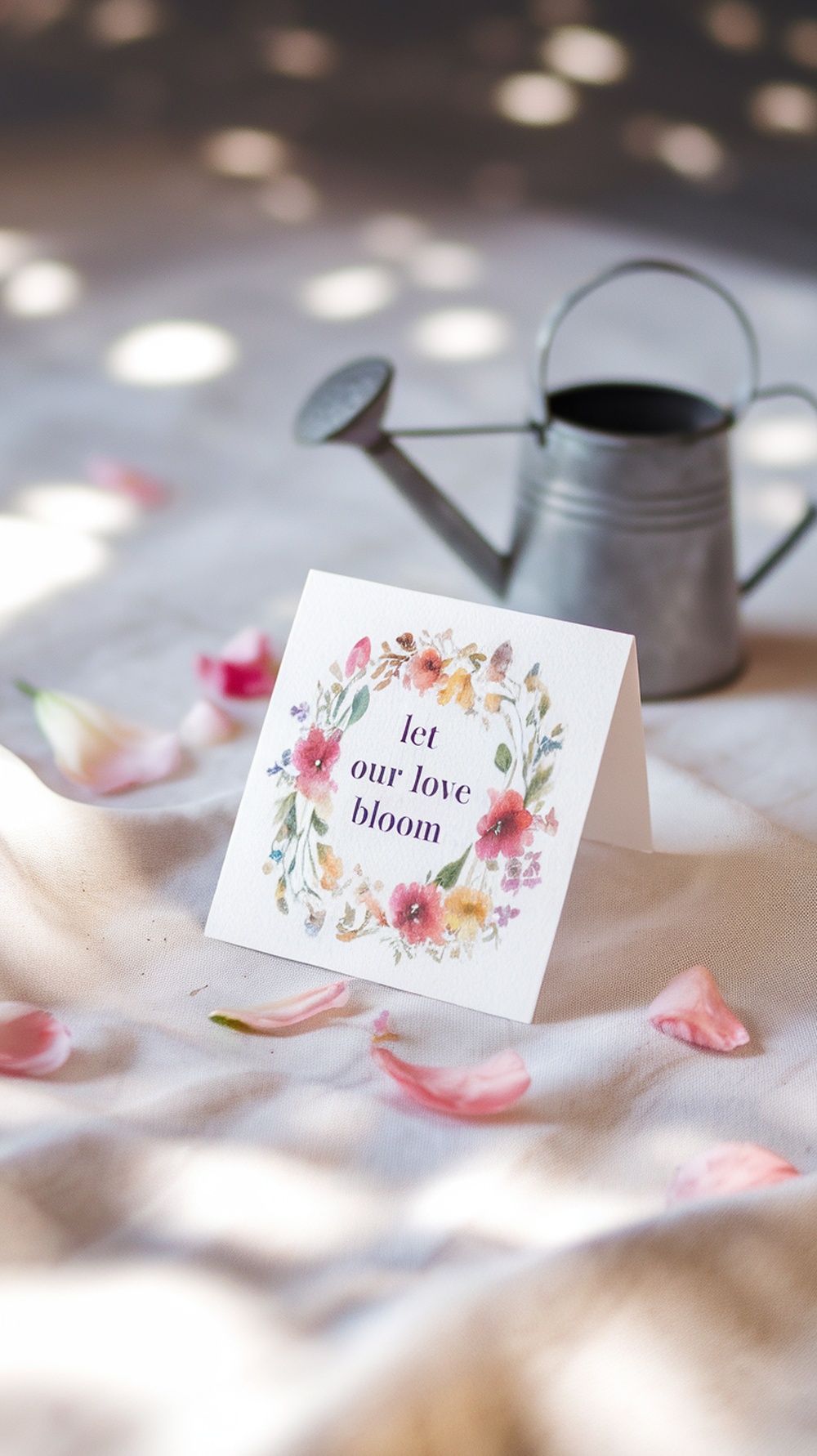 A seed paper card with floral design that says 'let our love bloom' on a table with petals and a watering can.