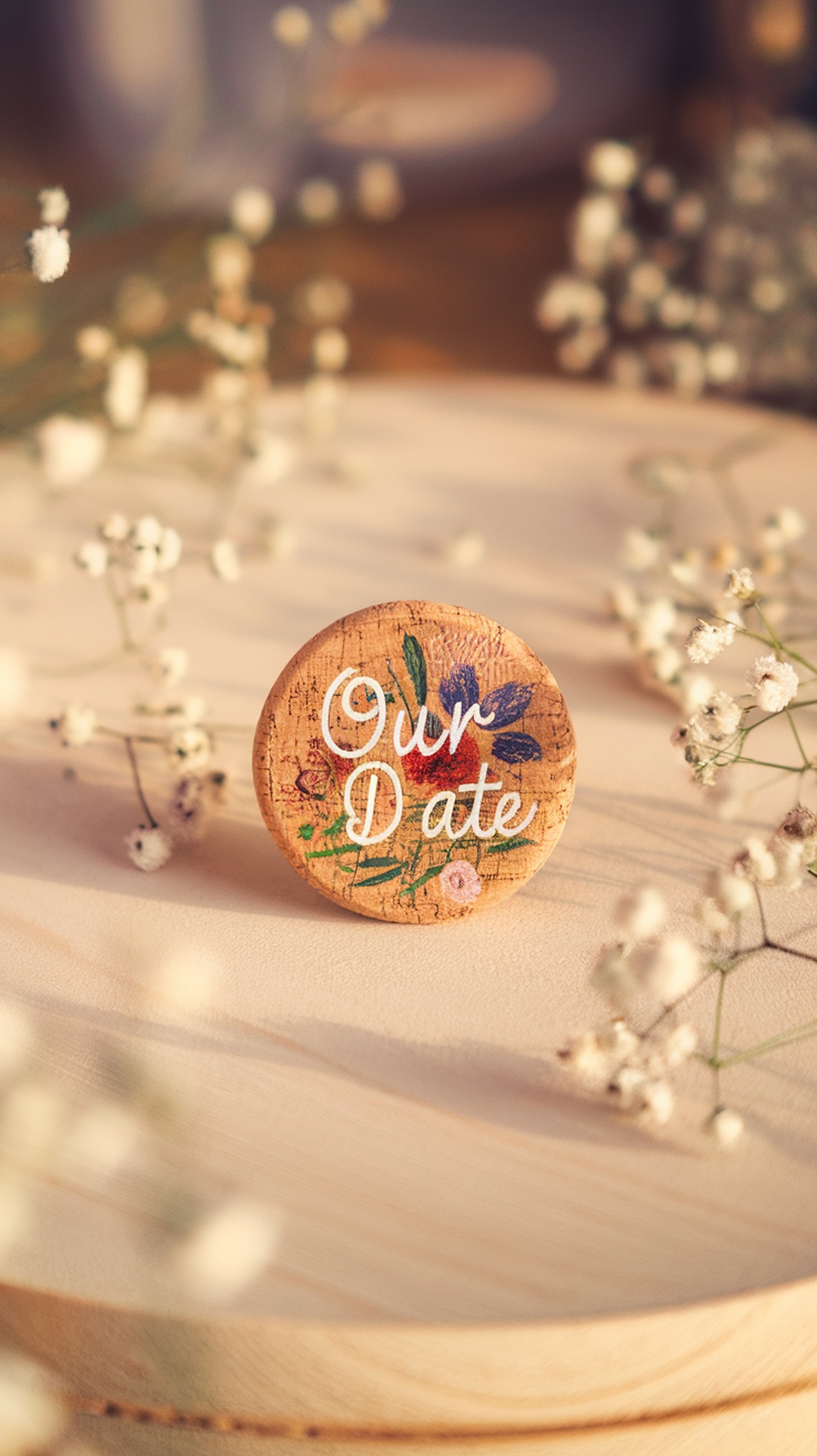 A cork magnet favor with floral design and text 'Our Date' on a wooden surface surrounded by small flowers.