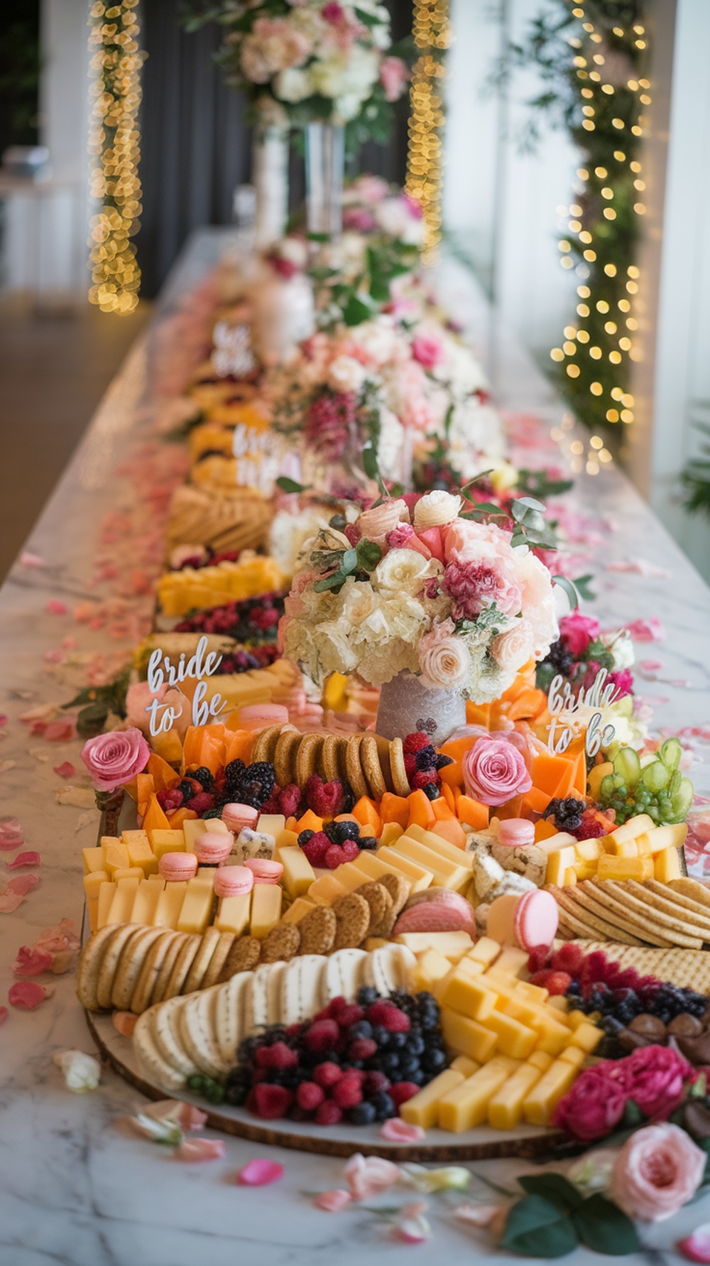 A beautifully arranged grazing table for a bride-to-be party featuring cheeses, fruits, flowers, and decorative signs.