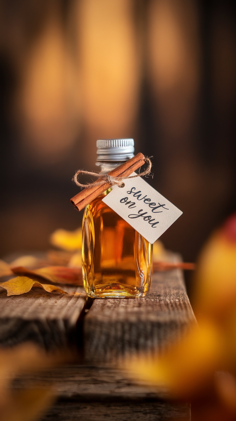 A mini maple syrup bottle with a tag that says 'sweet on you' and a cinnamon stick, placed on a wooden surface with autumn leaves.