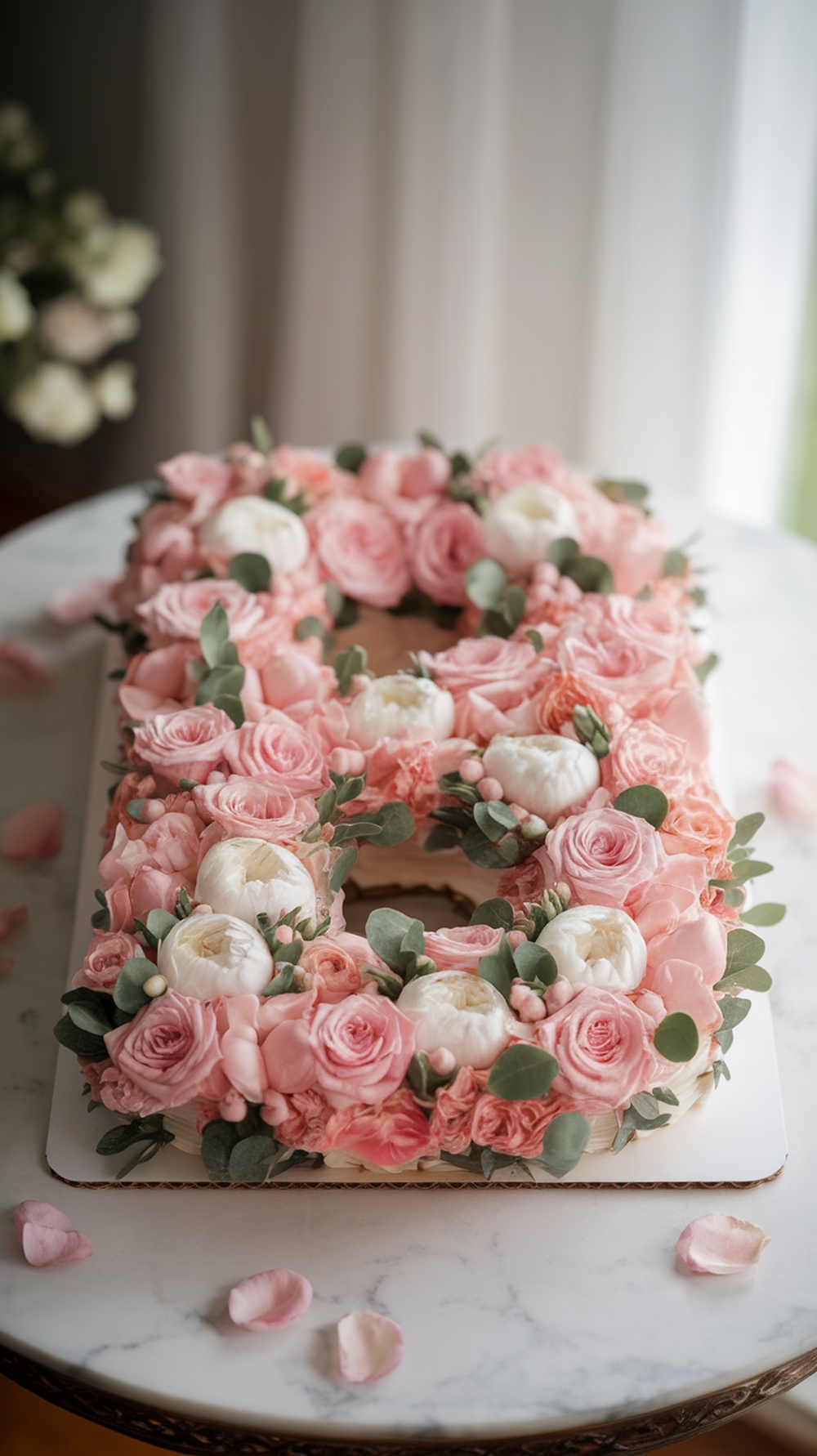 A floral letter cake decorated with pink roses and peonies on a marble table.