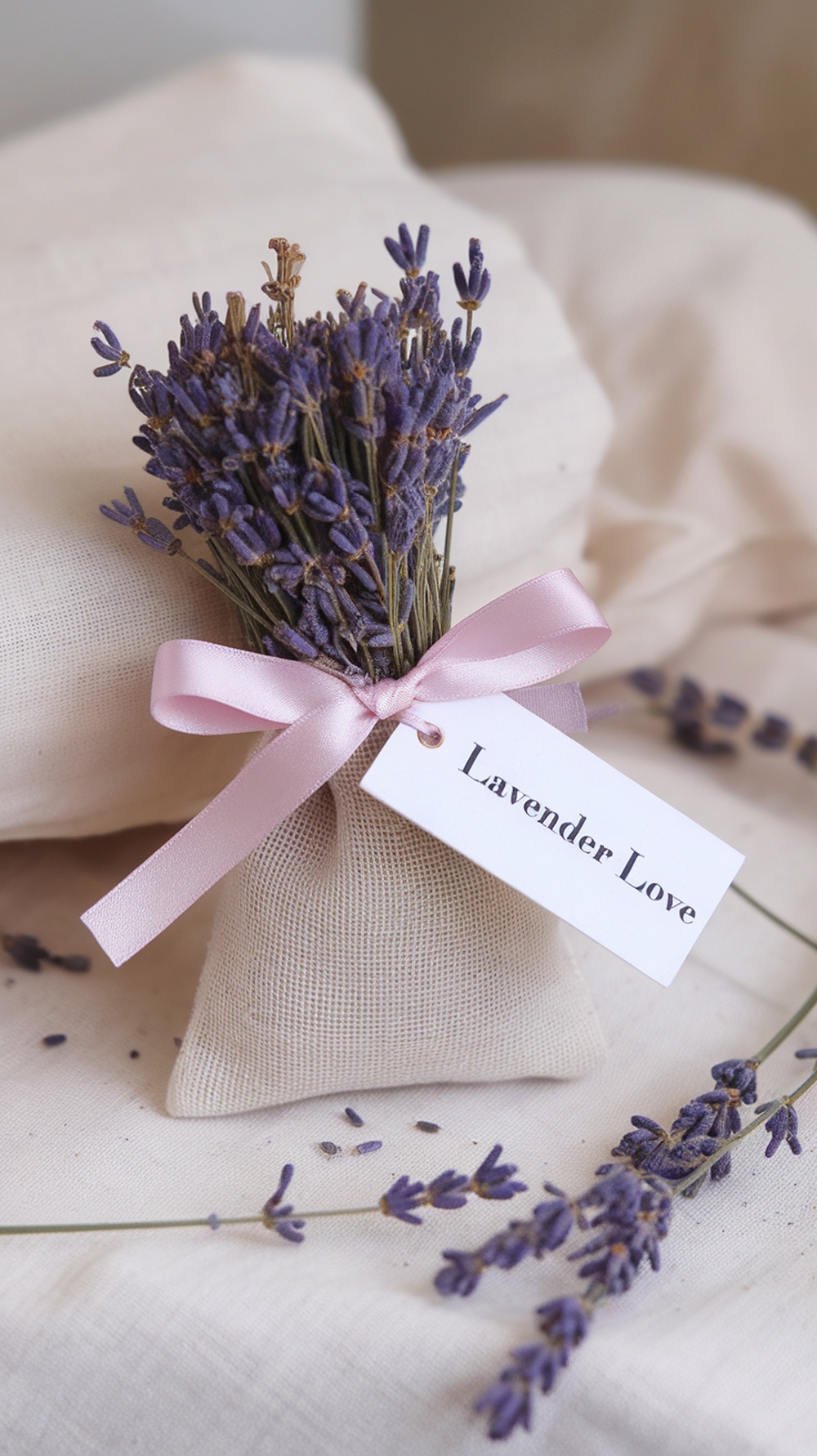 A lavender sachet favor with a pink ribbon and tag reading 'Lavender Love'.