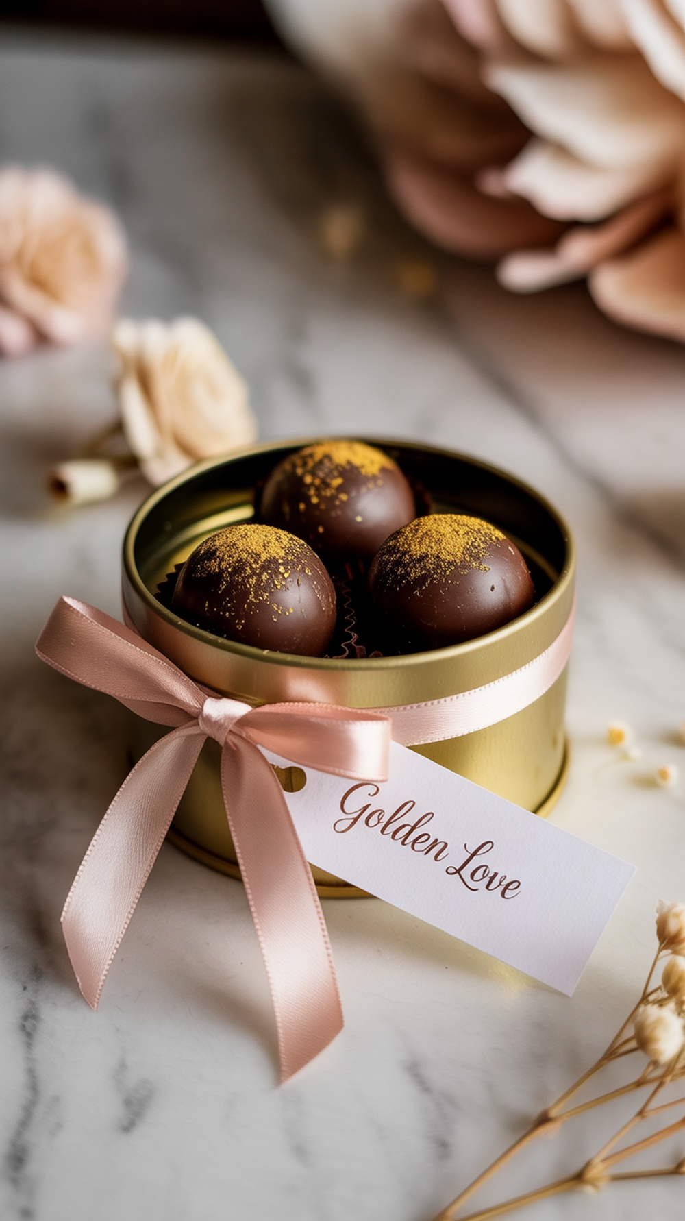 A gold tin filled with chocolate truffles, tied with a ribbon and a tag that says 'Golden Love'.