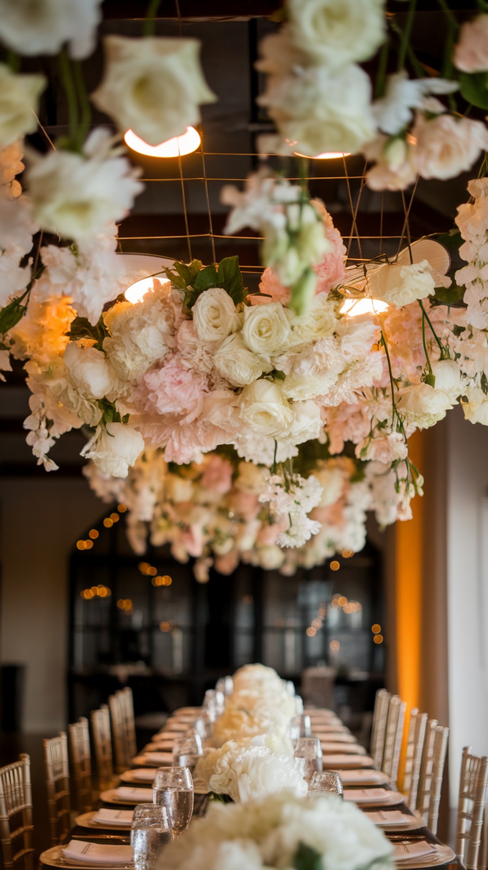 A beautiful suspended floral installation featuring pink and white flowers above a long table set for a bridal shower.