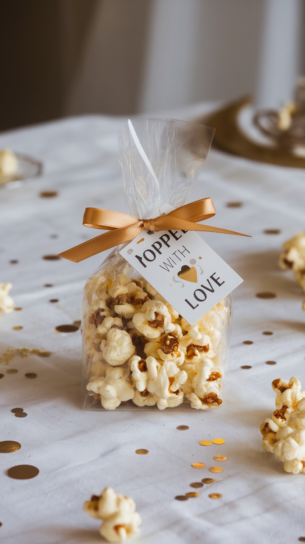 A clear bag of chocolate caramel popcorn tied with a ribbon, labeled 'Popped with Love'.