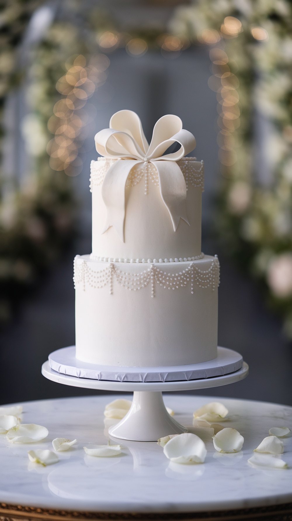 A three-tiered white wedding cake with a large bow on top and pearl decorations, surrounded by rose petals.