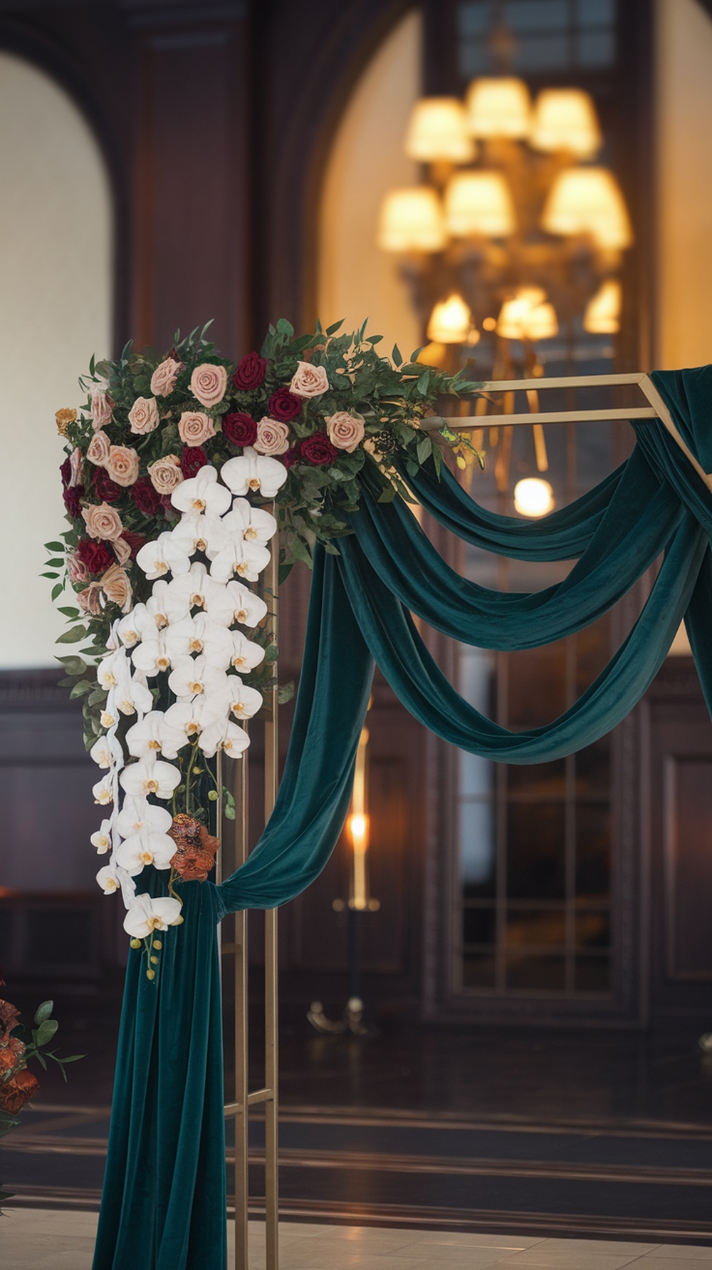 A wedding arch decorated with green drapery and a floral arrangement featuring roses and orchids.