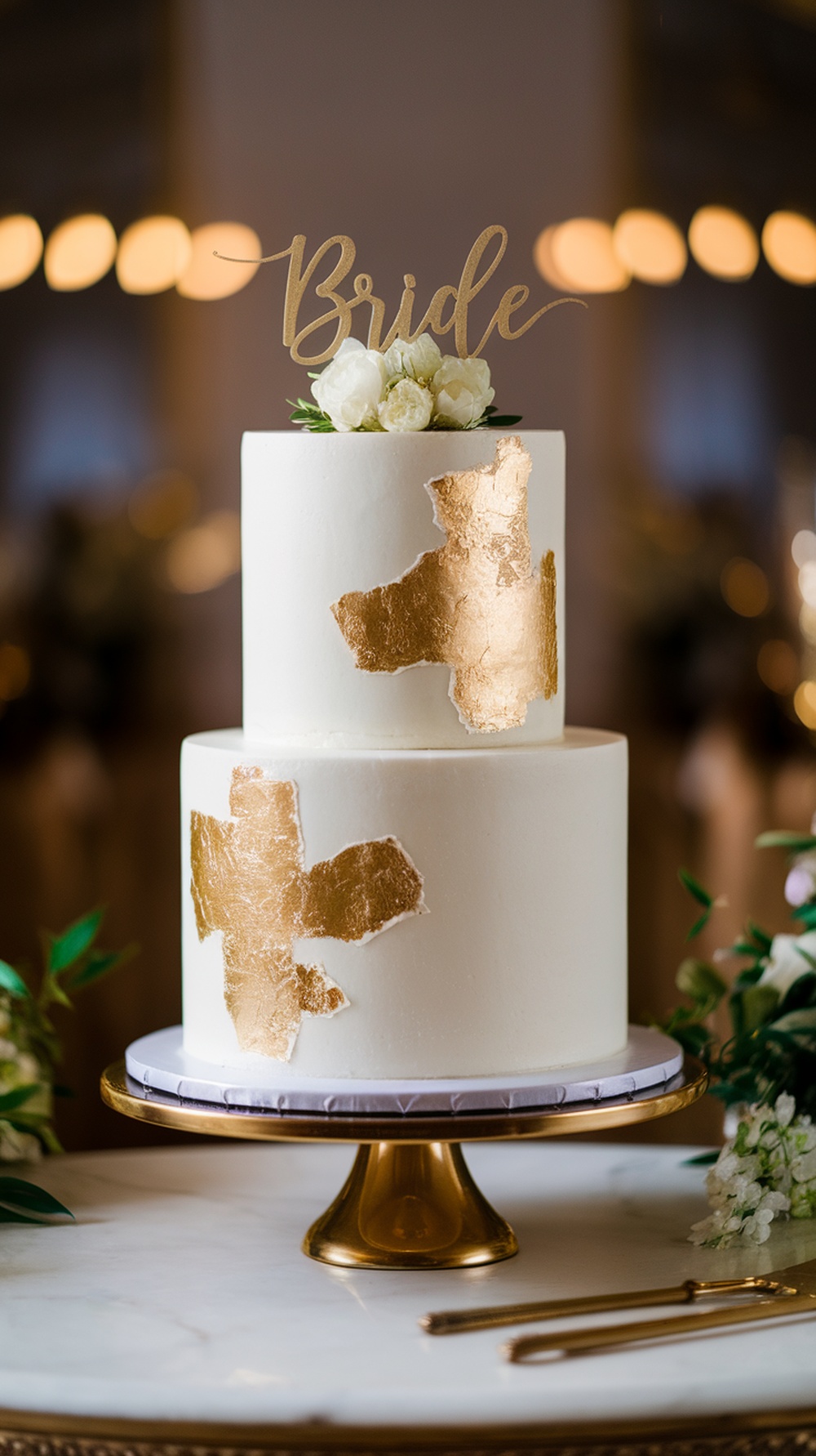 A two-tiered white cake with gold leaf accents and a 'Bride' topper, decorated with white flowers.
