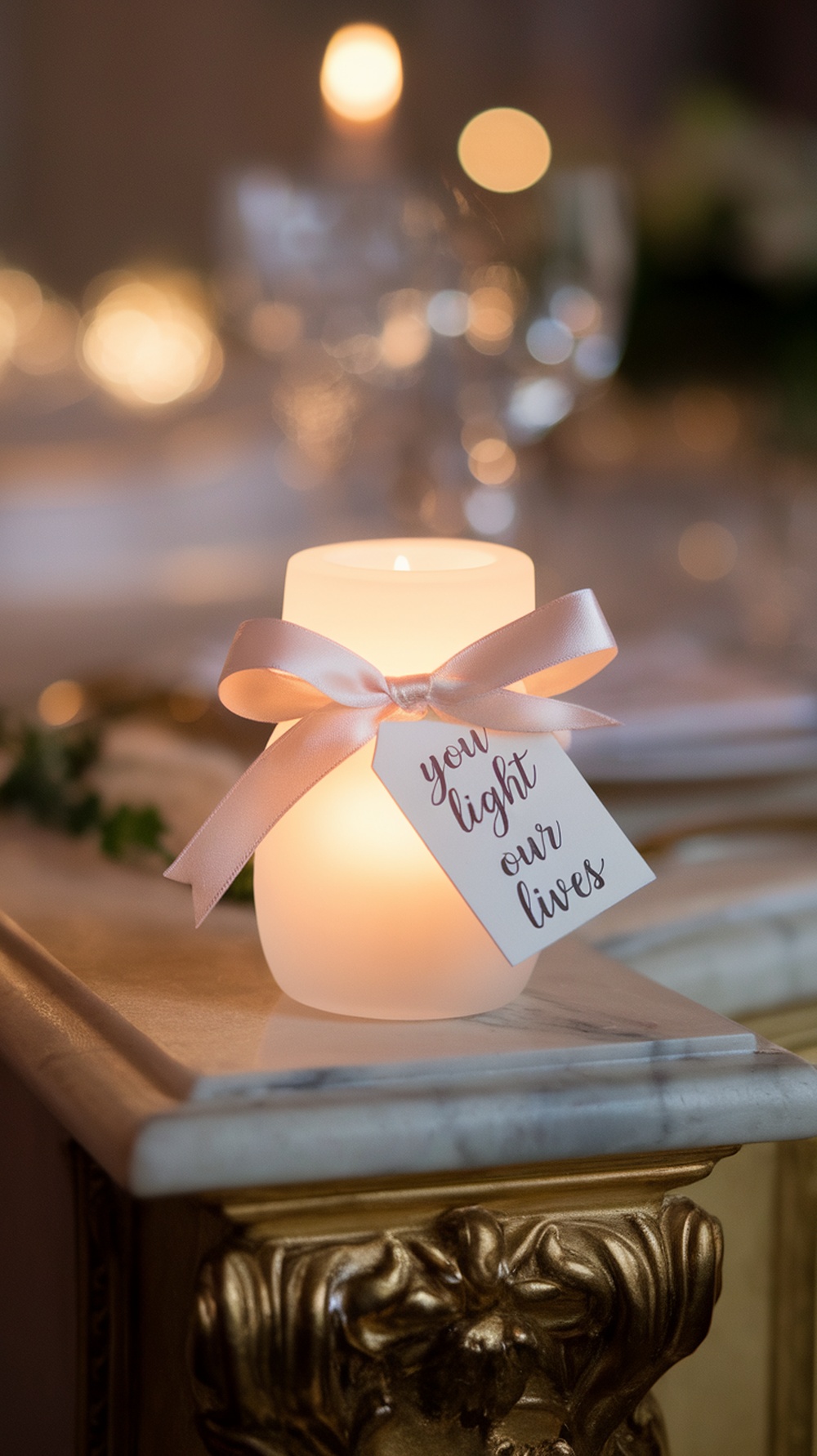 A frosted mini candle with a ribbon and a tag that says 'You light up our lives.'