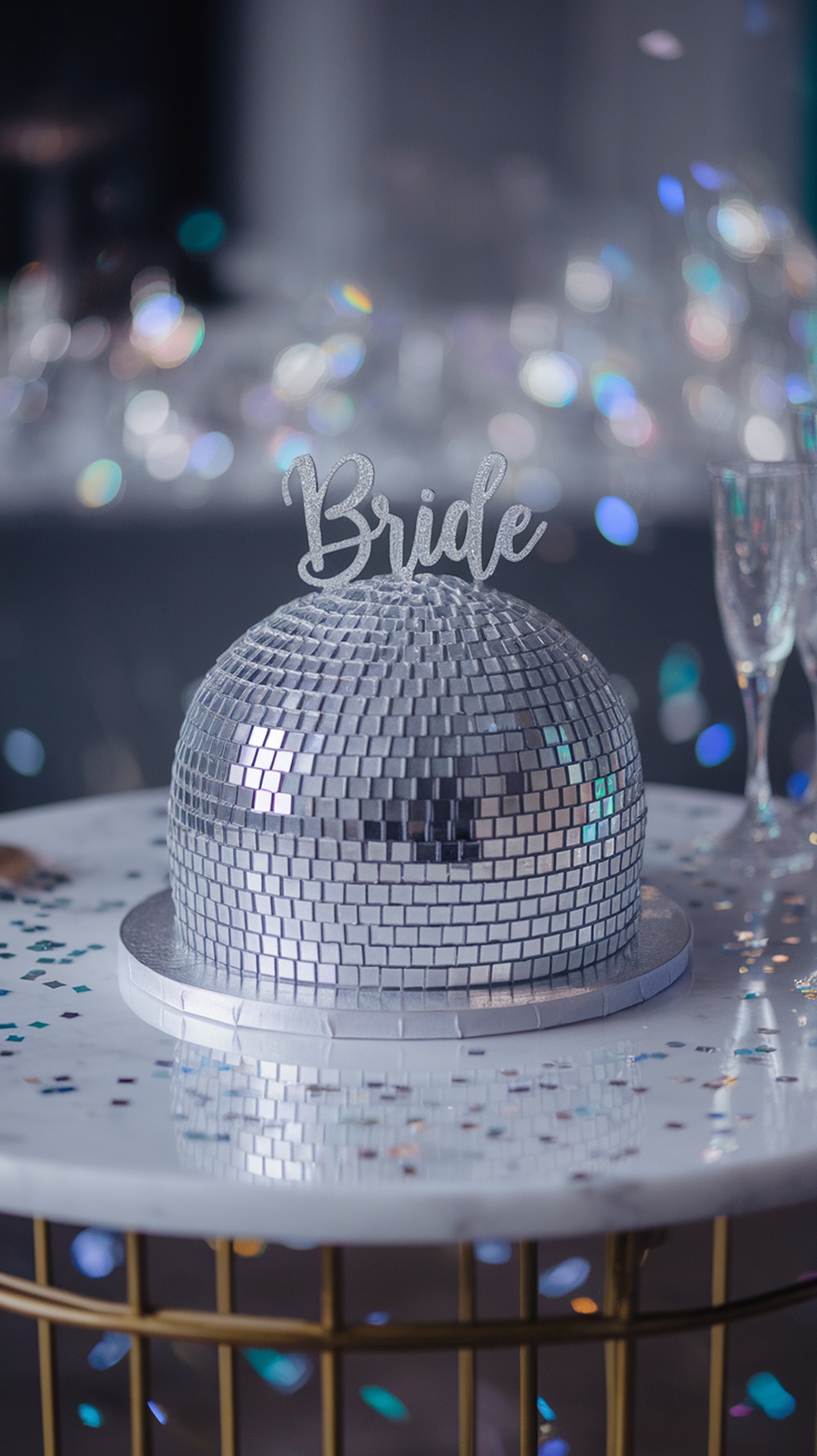 A disco ball themed cake with a shiny, mirrored surface and a 'Bride' topper, set on a table with confetti.