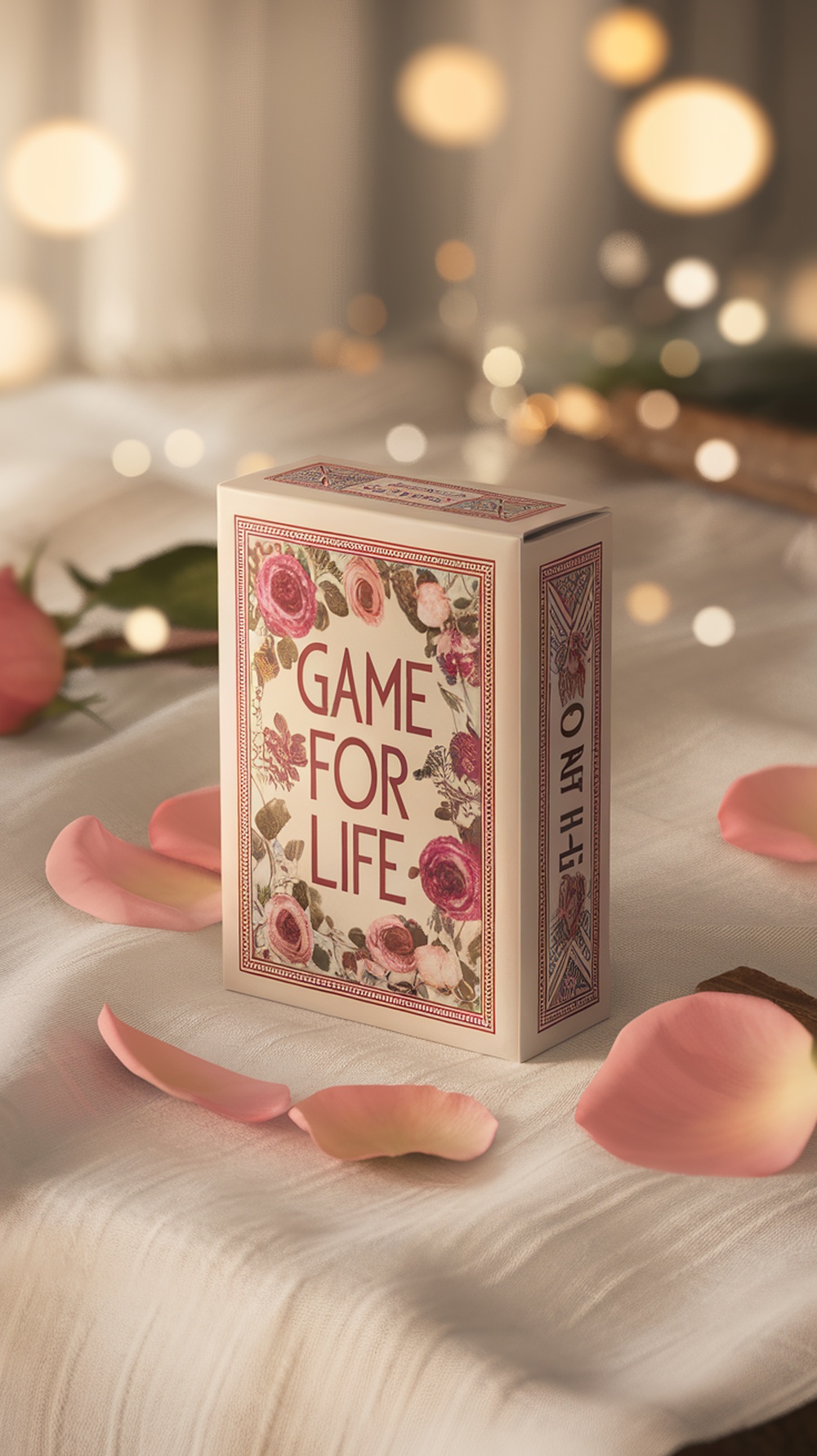 A beautifully designed deck of playing cards with floral elements and the words 'Game for Life' on the box.