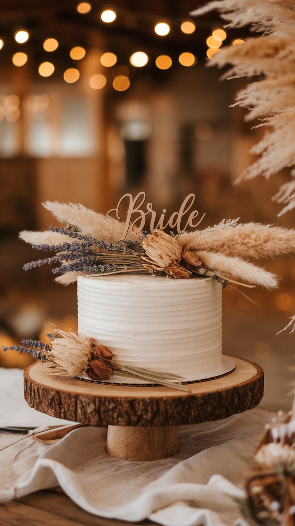 A beautiful dried flower boho cake with a wooden cake stand and a 'Bride' topper.