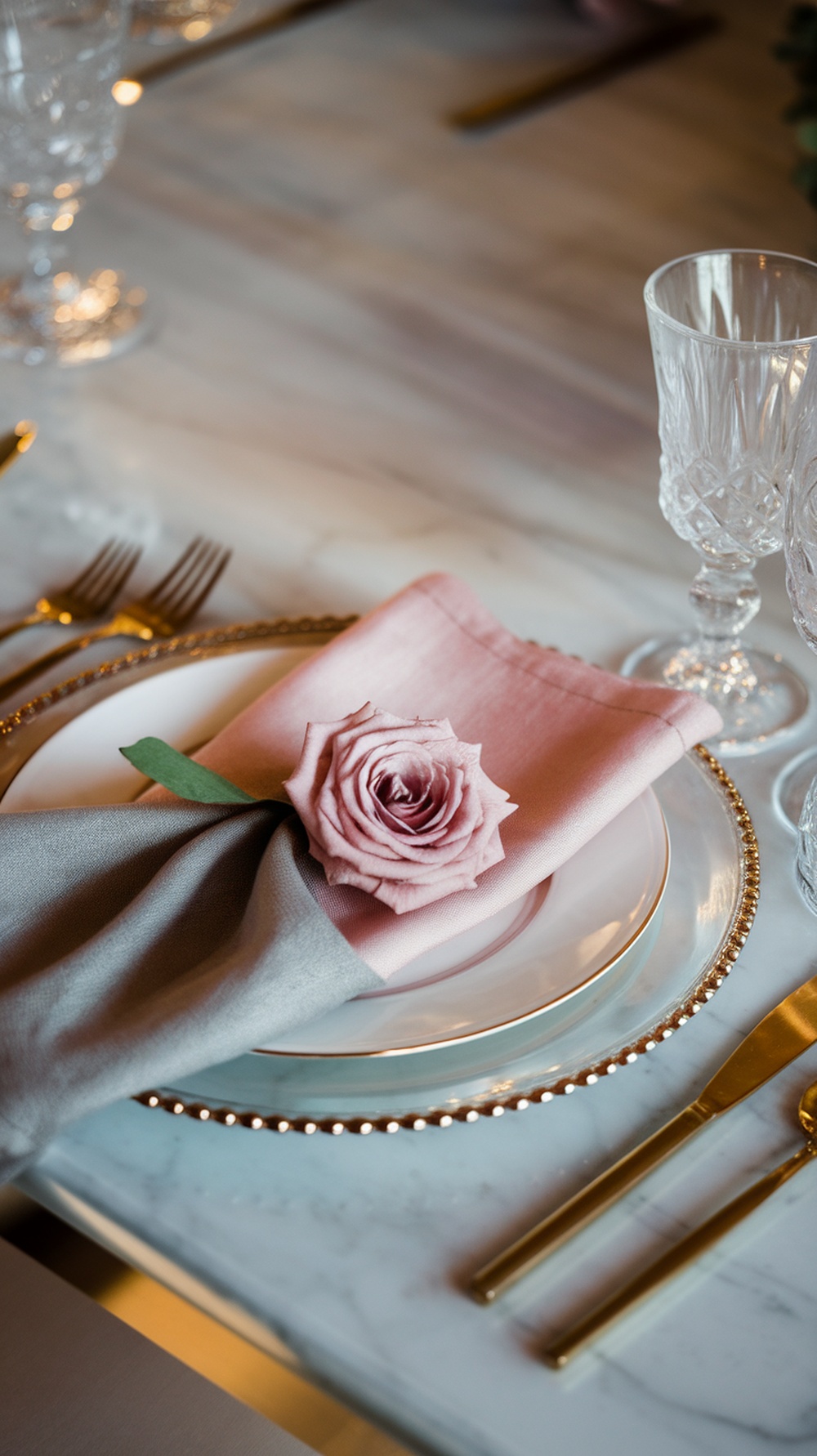Elegant table setting featuring a pink and gray napkin with a rose on a marble table.