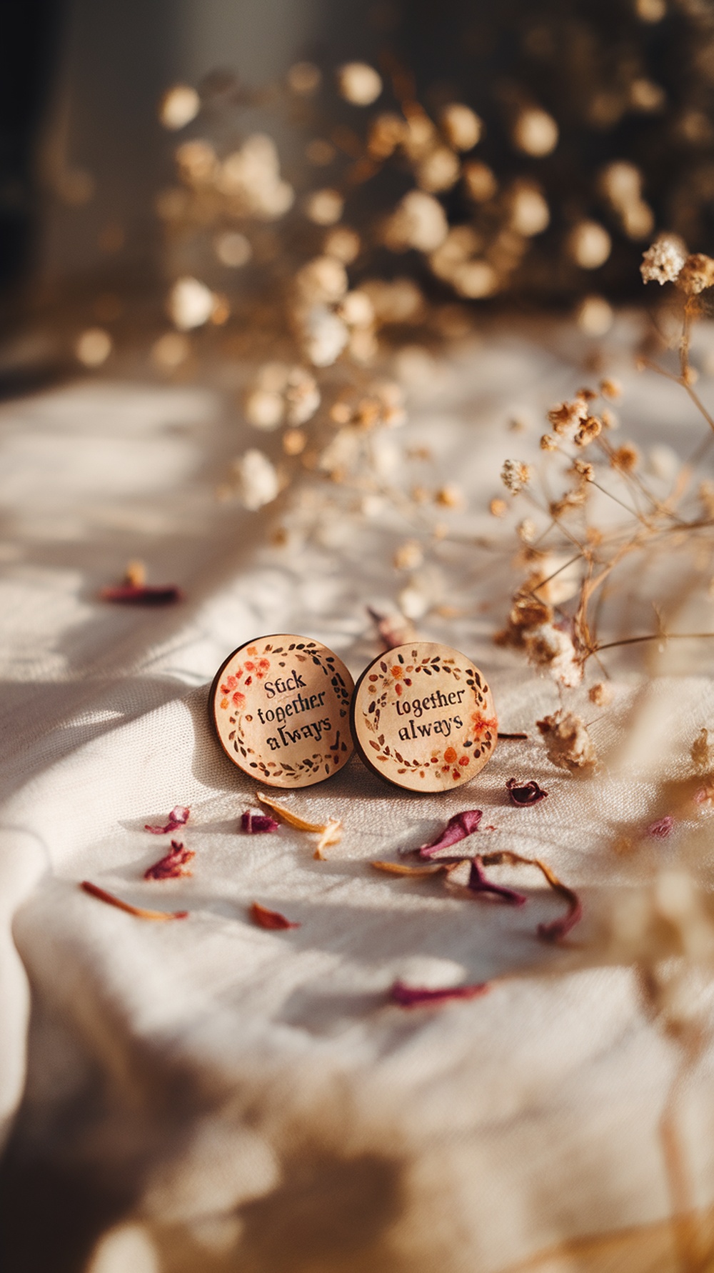 Mini wooden magnets with the text 'Stick together always' on a soft fabric background with dried flowers.
