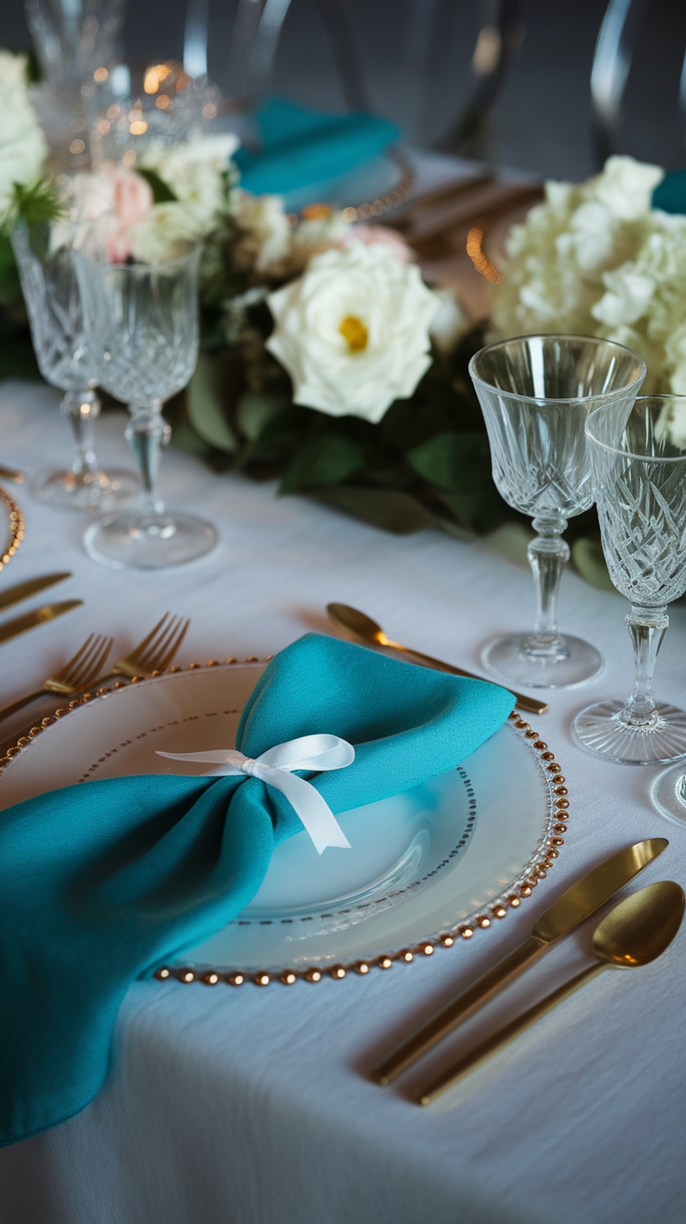 A beautifully set table featuring a teal napkin, gold cutlery, and floral arrangements.