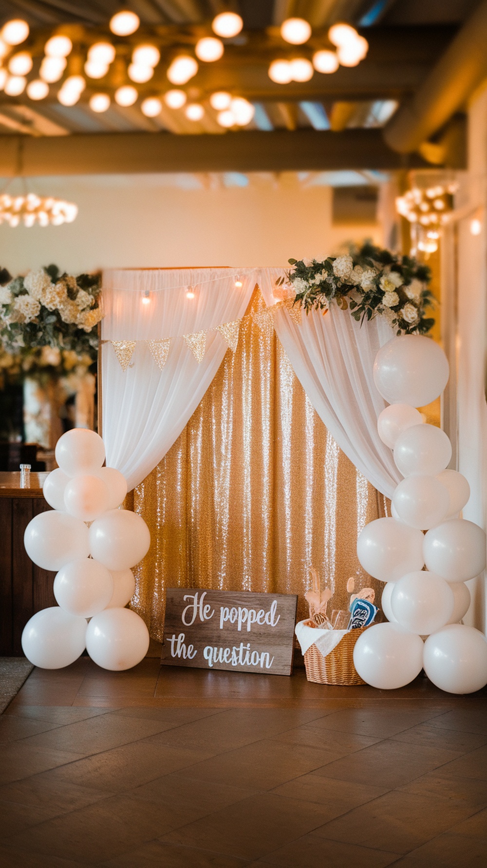 Bridal shower photo booth setup with gold sequin backdrop, white balloons, floral decor, and a sign that says 'He popped the question.'