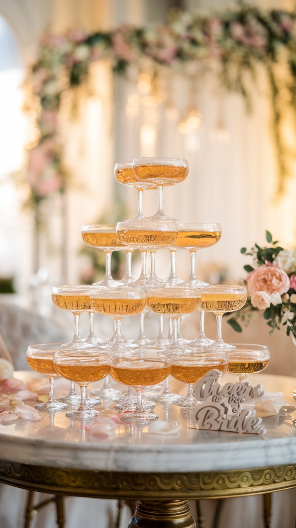 A beautifully arranged champagne tower with sparkling champagne glasses, surrounded by floral decorations and a sign that says 'Cheers to the Bride.'