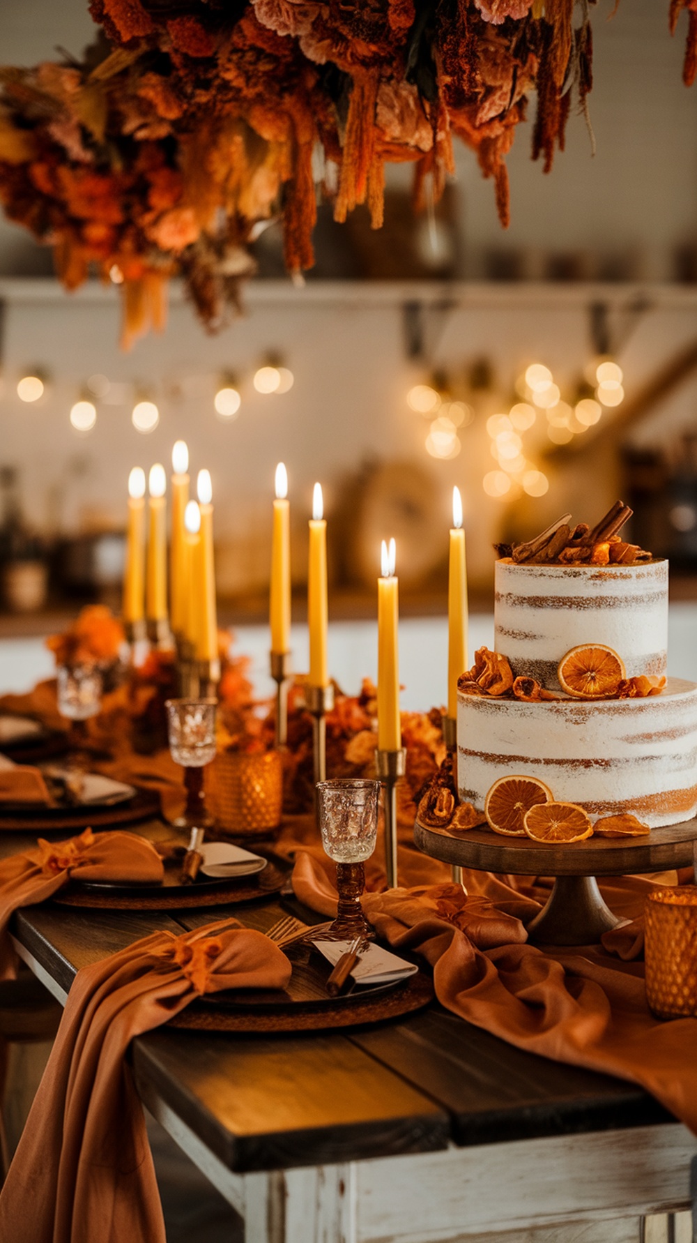A beautifully set fall wedding table with warm tones, a cake decorated with dried oranges, and flickering candles.