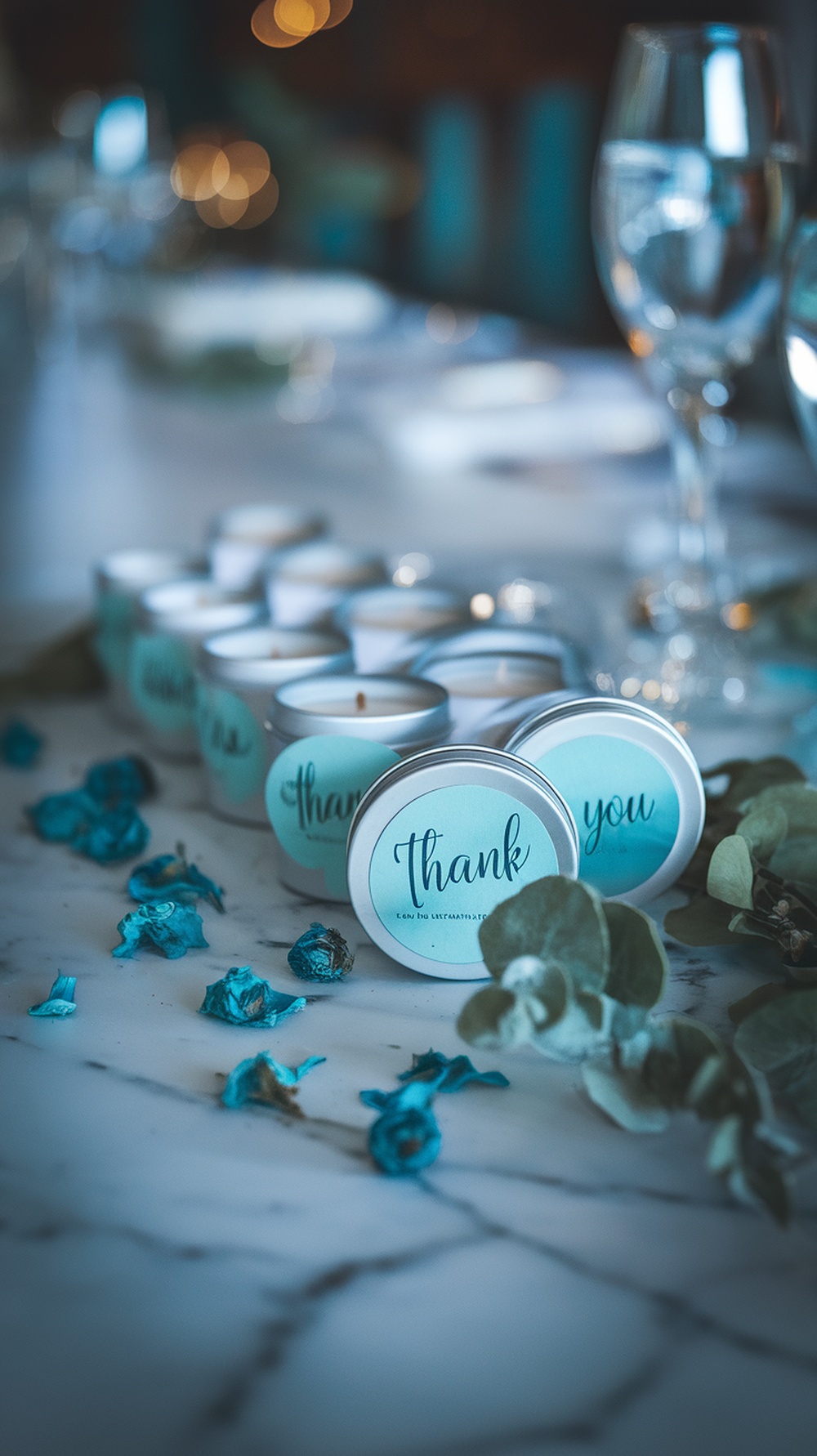 Teal candles with 'Thank You' labels on a table with dried flowers