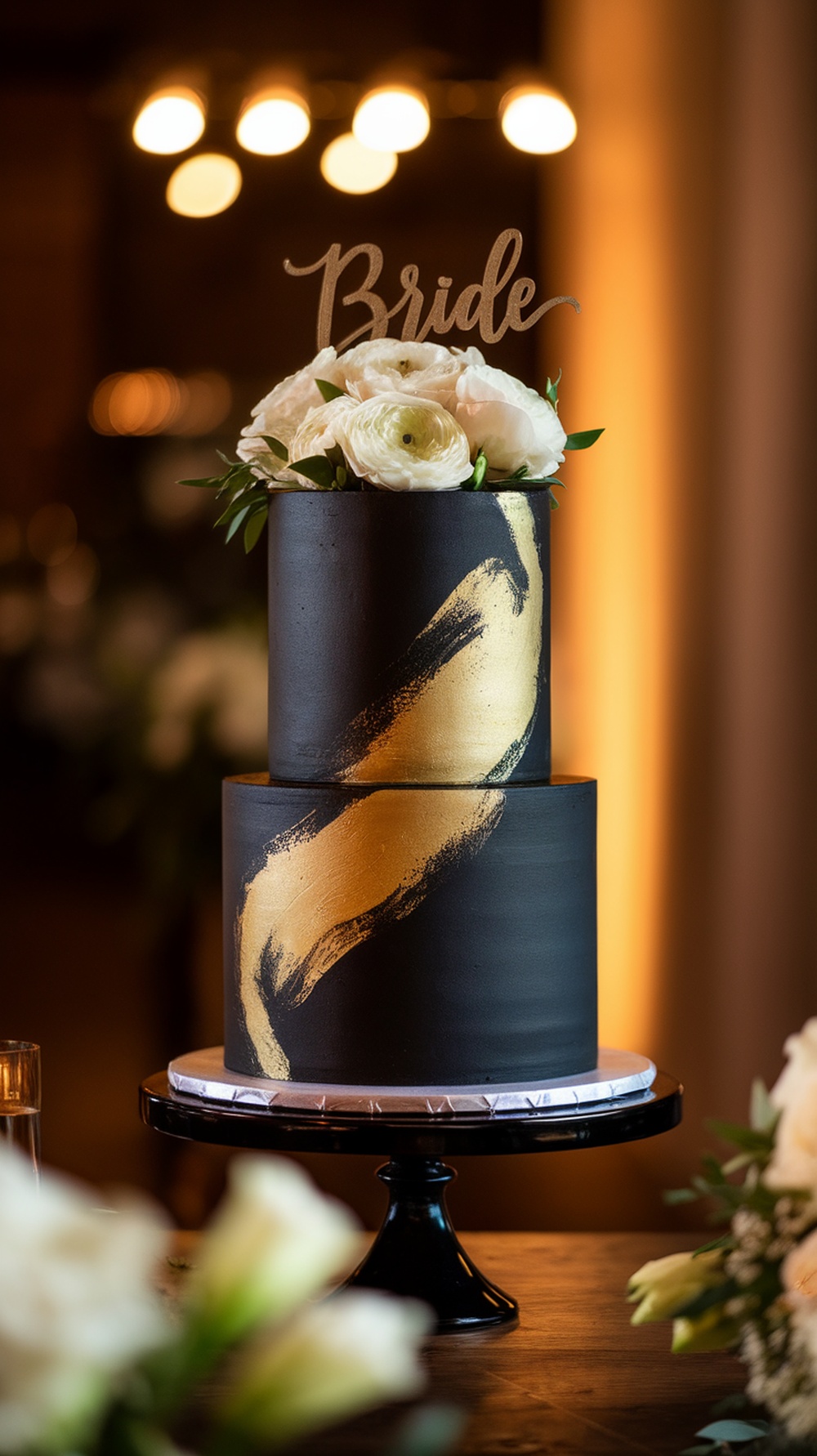 A stylish black tie cake with gold accents and white flowers on top, featuring a 'Bride' topper.