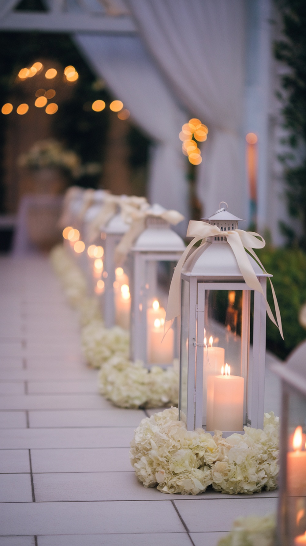 A beautifully decorated aisle with lanterns and white flowers