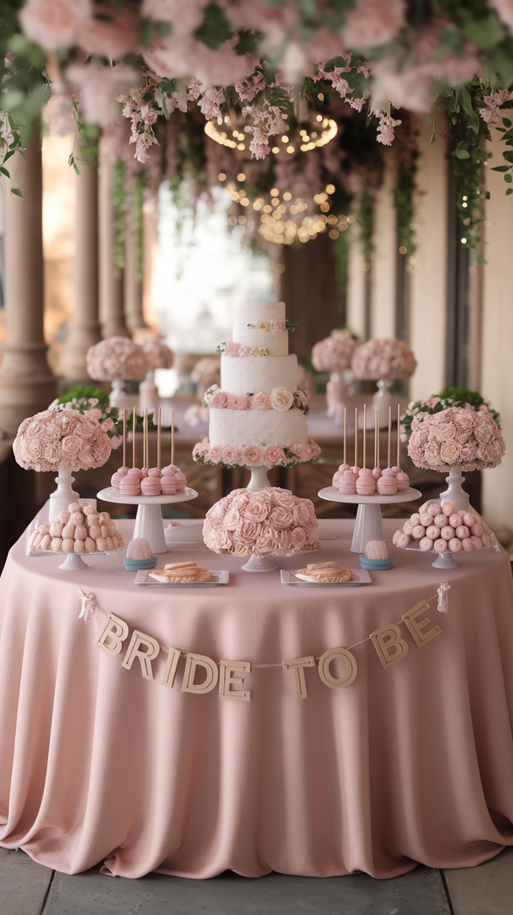 A beautifully decorated dessert table for a bride-to-be party featuring pink-themed treats and floral arrangements.