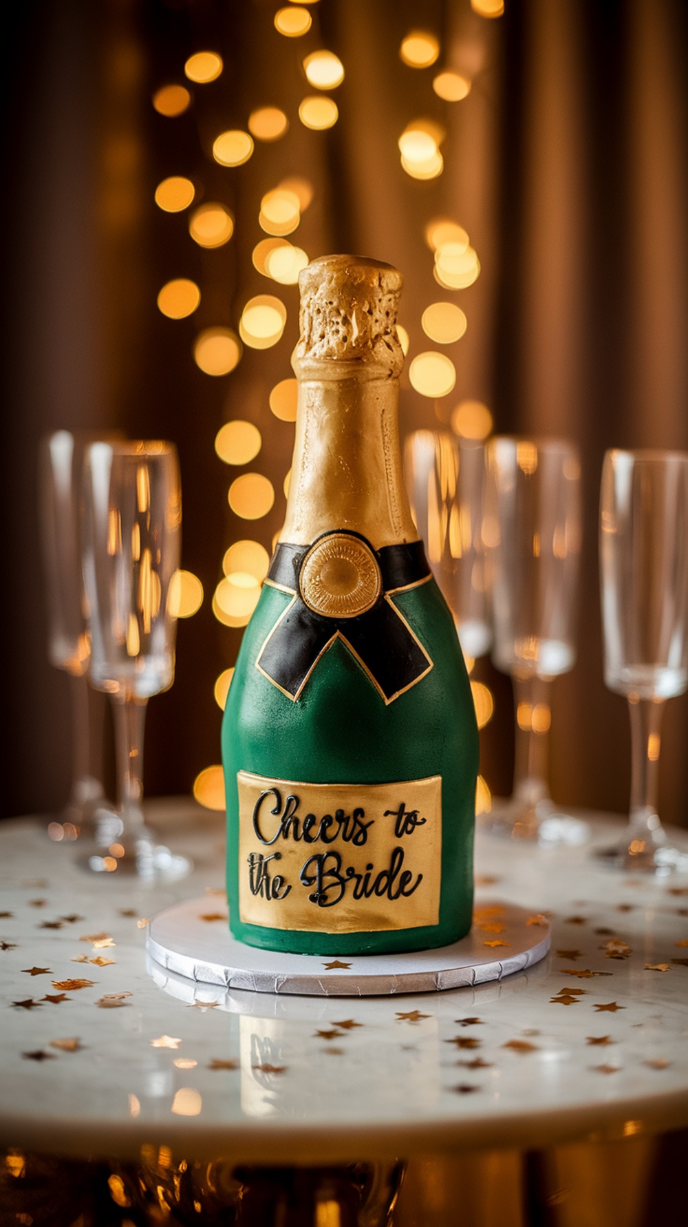 A champagne bottle cake with a label that says 'Cheers to the Bride', surrounded by sparkling lights and glassware.