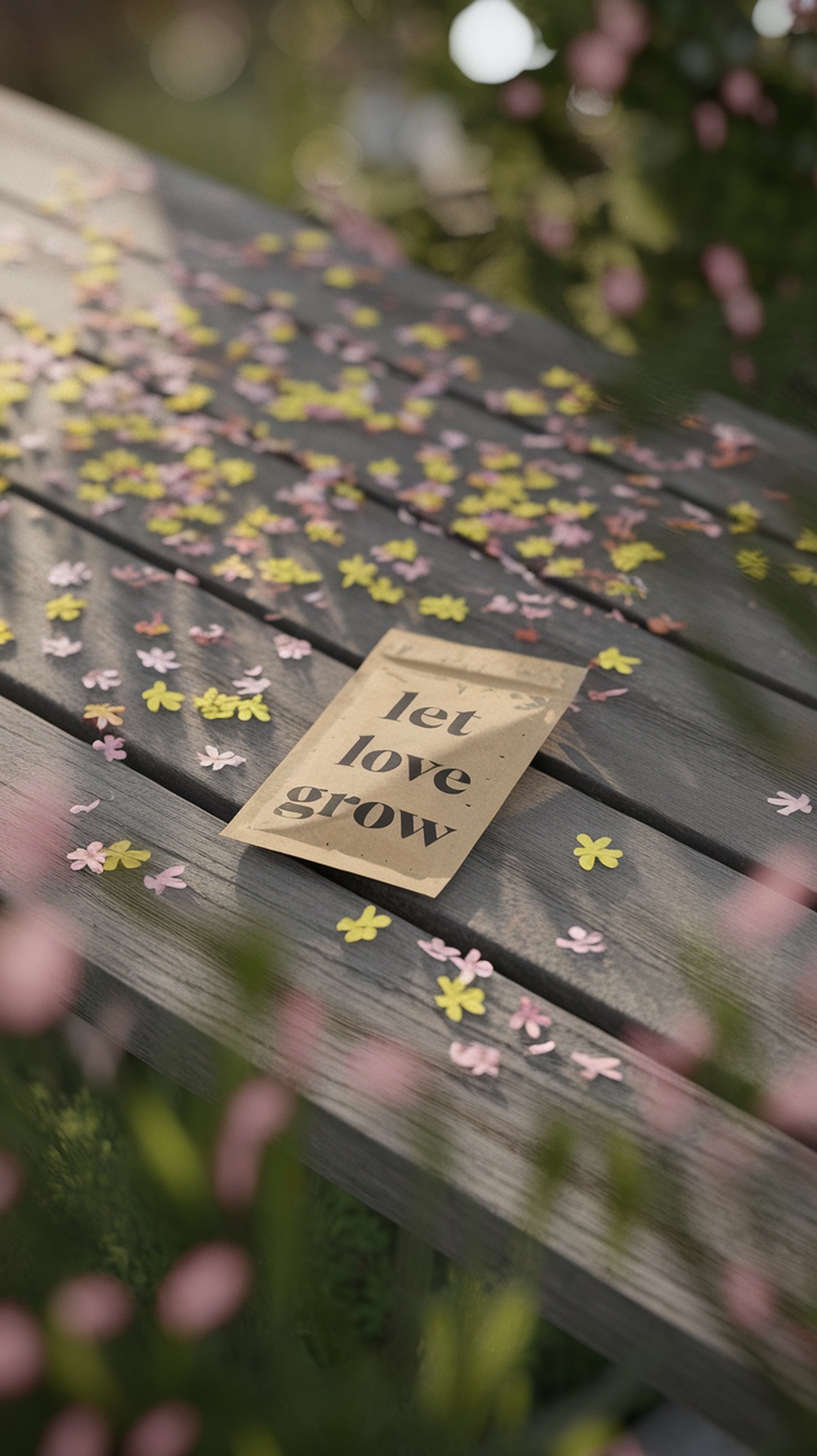 A wildflower seed packet on a wooden table surrounded by colorful flower confetti.