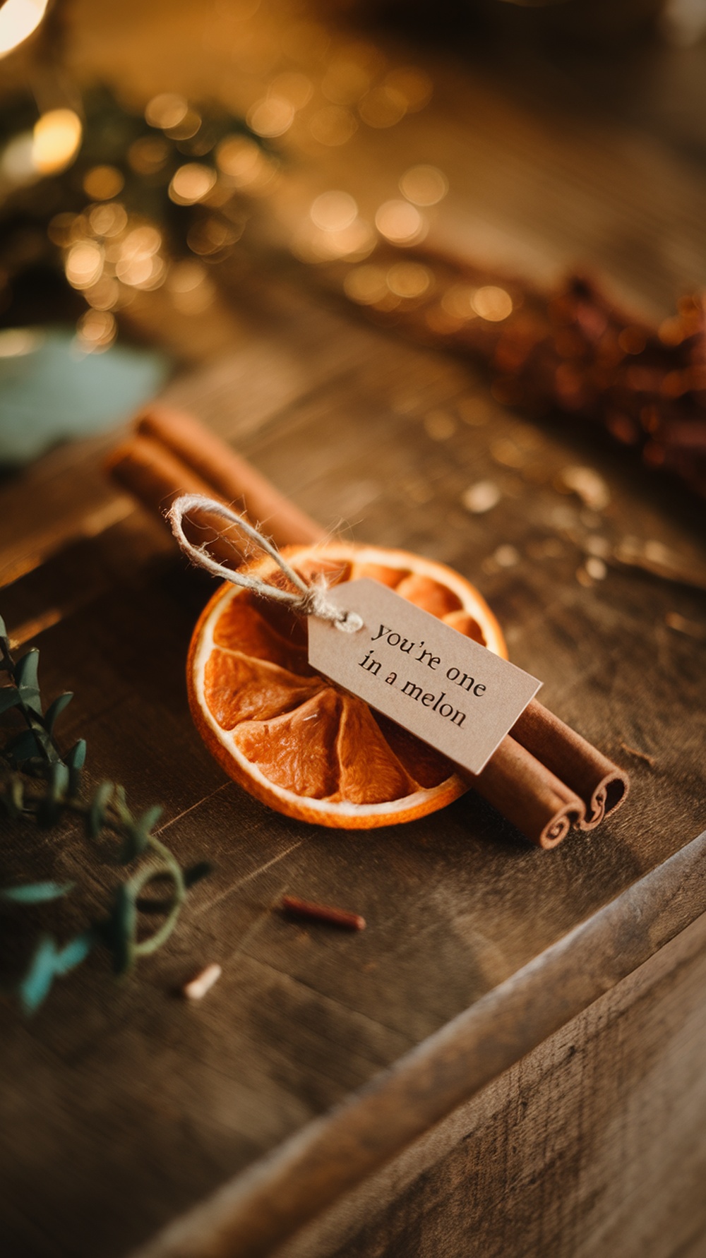 A dried citrus ornament featuring a slice of orange, cinnamon sticks, and a tag that reads 'you're one in a melon'.